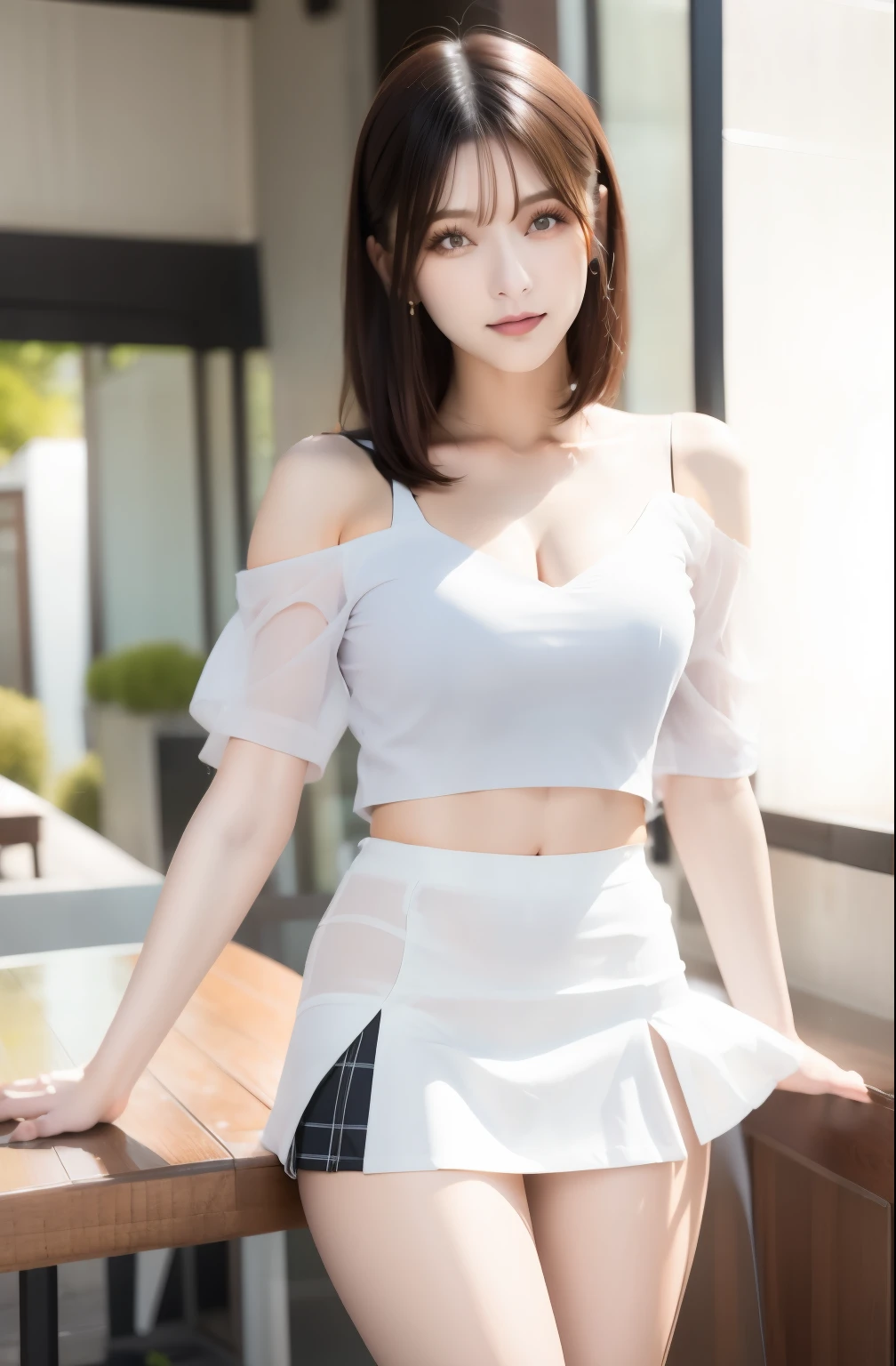 sexy japanese girl, short brown hair, big breast, underwear, smiling