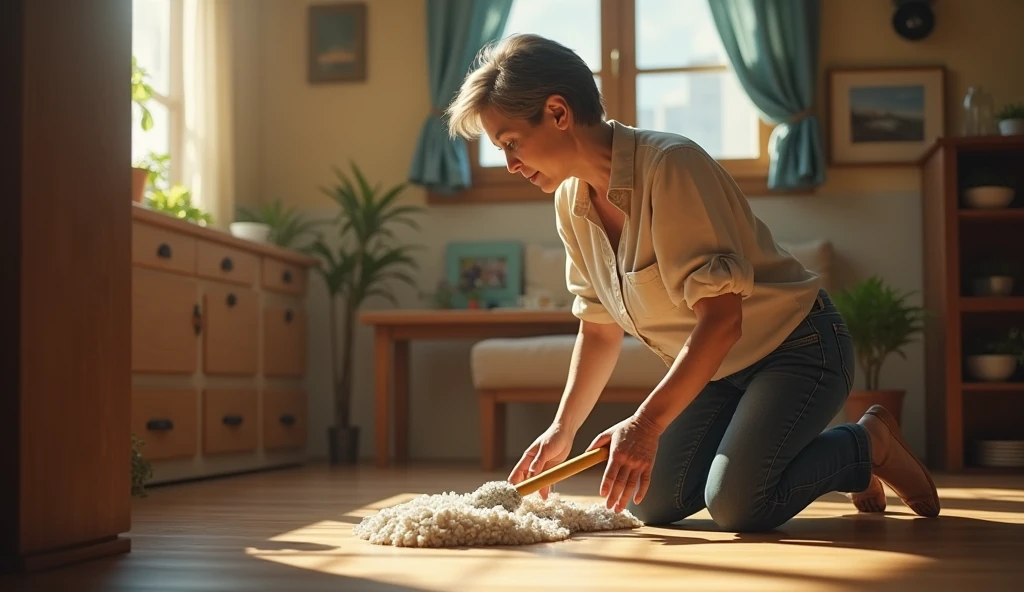 A 40-year-old woman mopping the floor in her home
