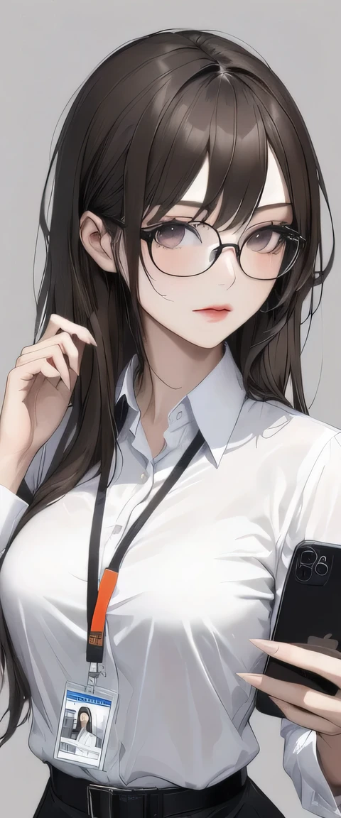 surreal, Breathtaking beauty, beautiful Japanese woman, office lady, Hold an iPhone in your hand, id card name lanyard, white business shirt, Black-rimmed glasses:1.05, detailed color, Sulky face, straight length hair:1.21, Dark Brown Hair :1.21, accurate5Finger, Simple Background ,