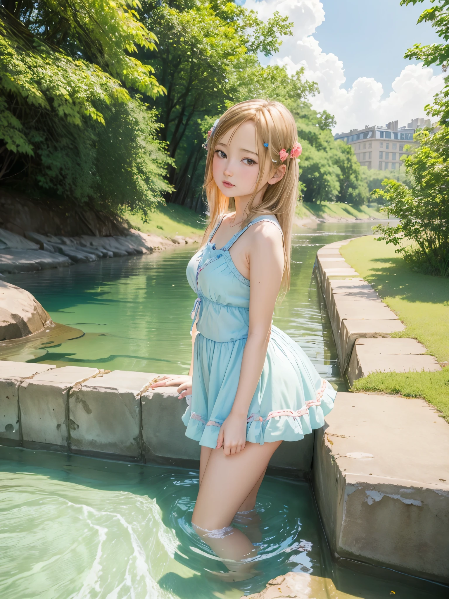 (masterpiece:1.2),(anime),Riverside、Water Play、girl、cute、sunlight、summer,(style:colored pencil), parisdiam0nd
