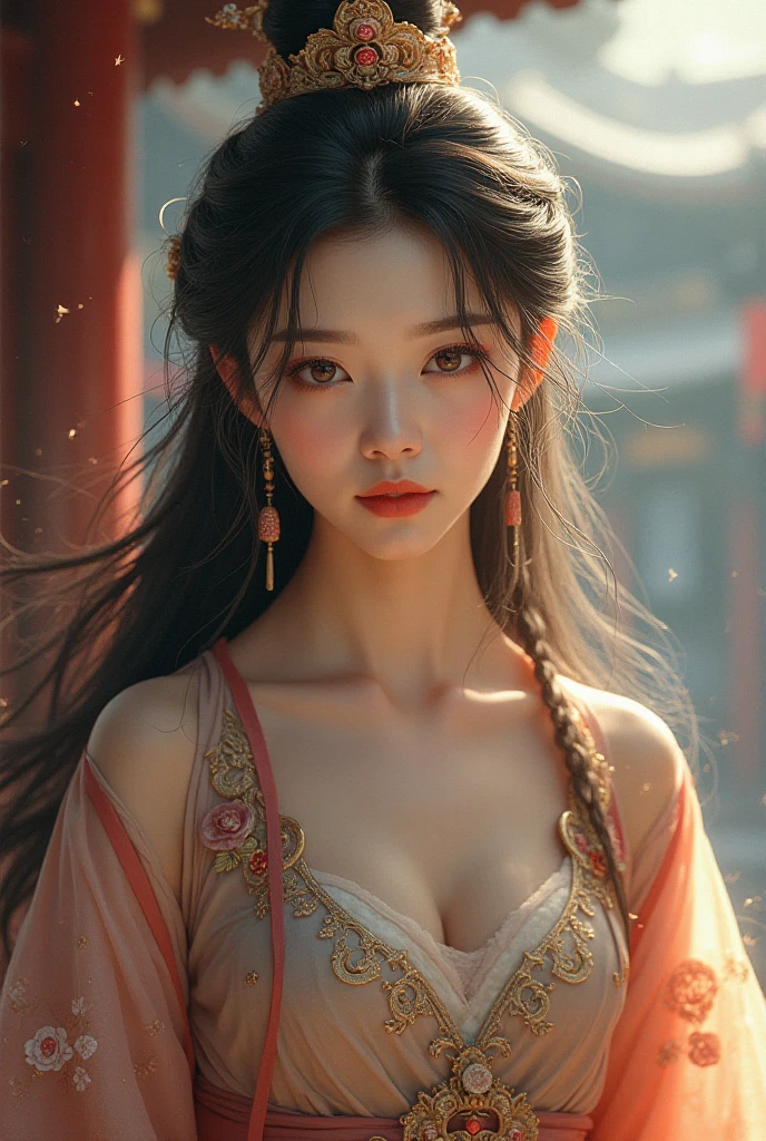 (masterpiece), best quality, expressive eyes, perfect face, big boobs, (japanese shrine maiden outfit), front view, mount fuji background, black long straight hair, brown eyes, ((holding a gohei))