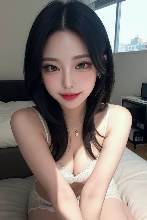 20 Years Old Cute Korean,Large round chest,,camisole,a skirt,beautiful eyes in detail,eyeslashes,beautiful double eyelid,eye shadows,dropping eyes,(Elongated eyes:1.2,Narrow eyes:1.1),detailed realistic hands,detailed realistic fingers,(thin beautiful thighs,Beautiful thin legs),Perfect eye makeup,(((seduct smile,Quiza exterior,Evil expression)),fully body photo:1.2