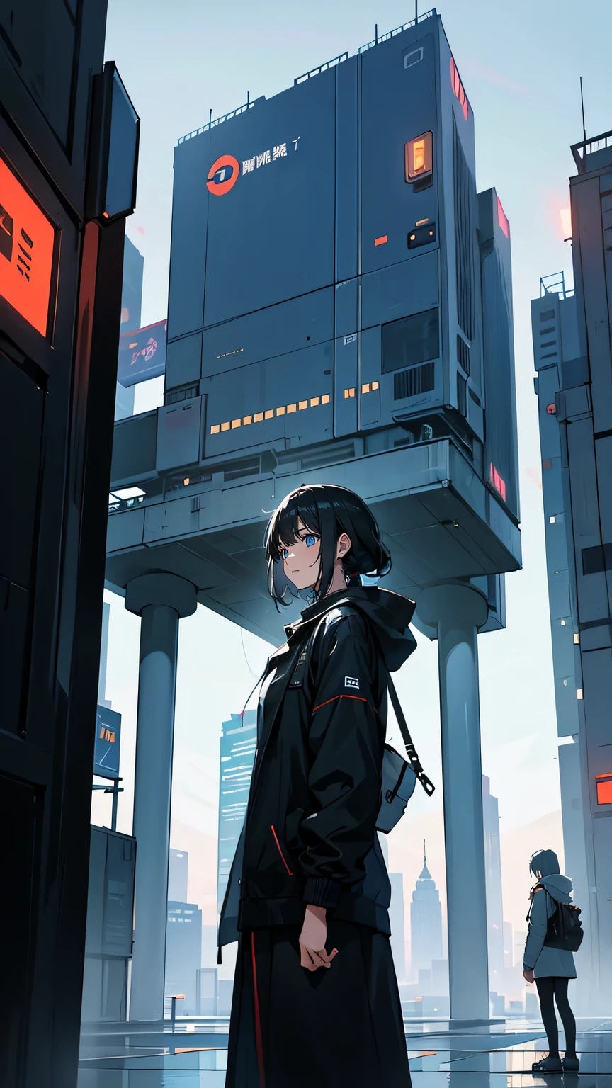 “The protagonist stands in the middle of a futuristic, yet strangely empty street. He faces a young woman, his hood friend, but she appears older, distant, and more reserved. Her clothes are sleek, modern, and minimalistic, reflecting the futuristic world she now inhabits. Behind them, towering buildings made of glass and steel loom, and digital billboards flicker with holographic advertisements. Despite the advanced setting, the atmosphere is cold and detached, as if human connection has been lost. The protagonist’s expression is filled with longing and regret.”