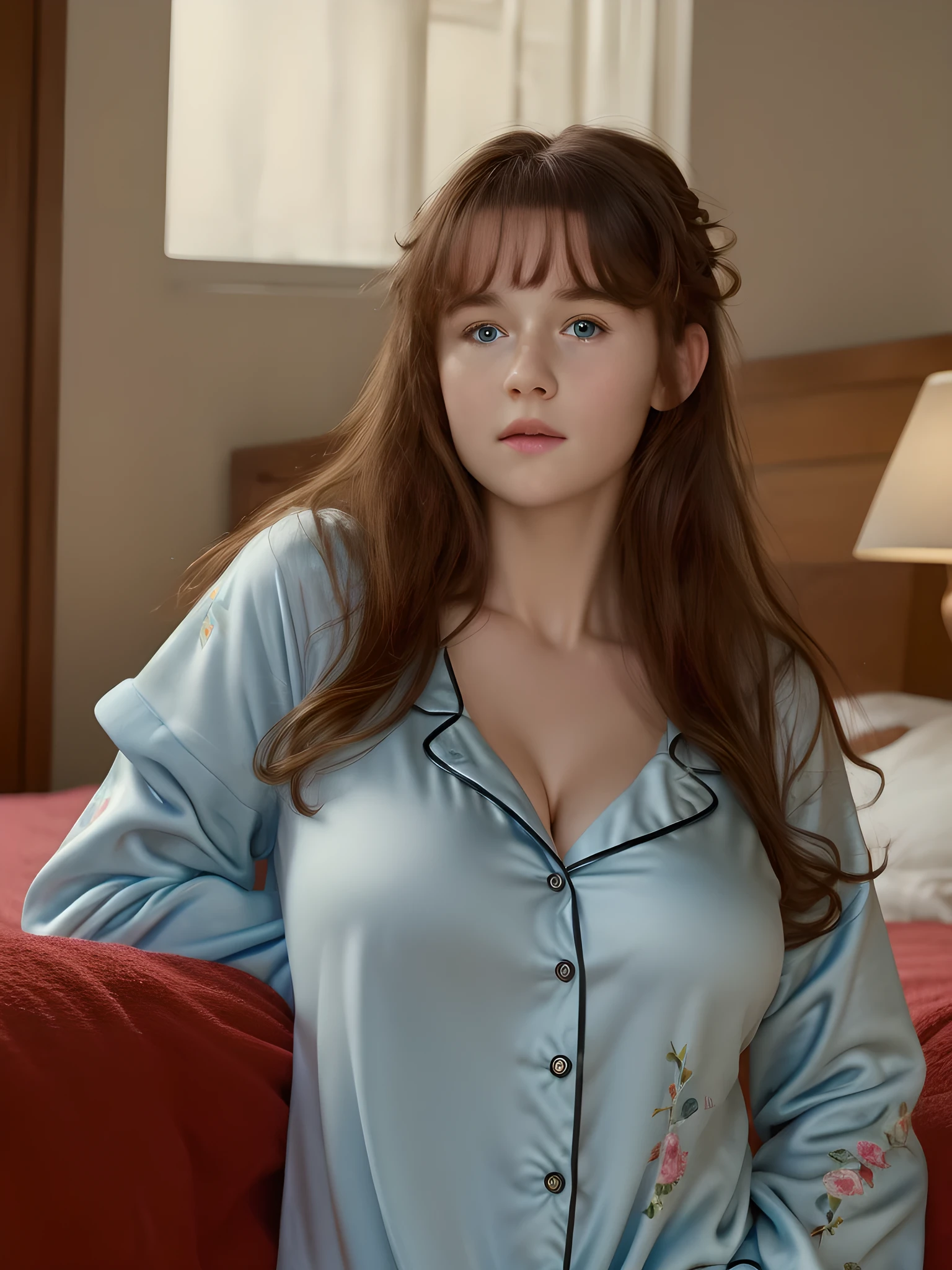 (best quality,4k,8k,highres,masterpiece:1.2),(ultra-detailed,photorealistic,photo-realistic:1.37), (((Clare))), ((wearing pajamas)), ((very large bust size for her young age))