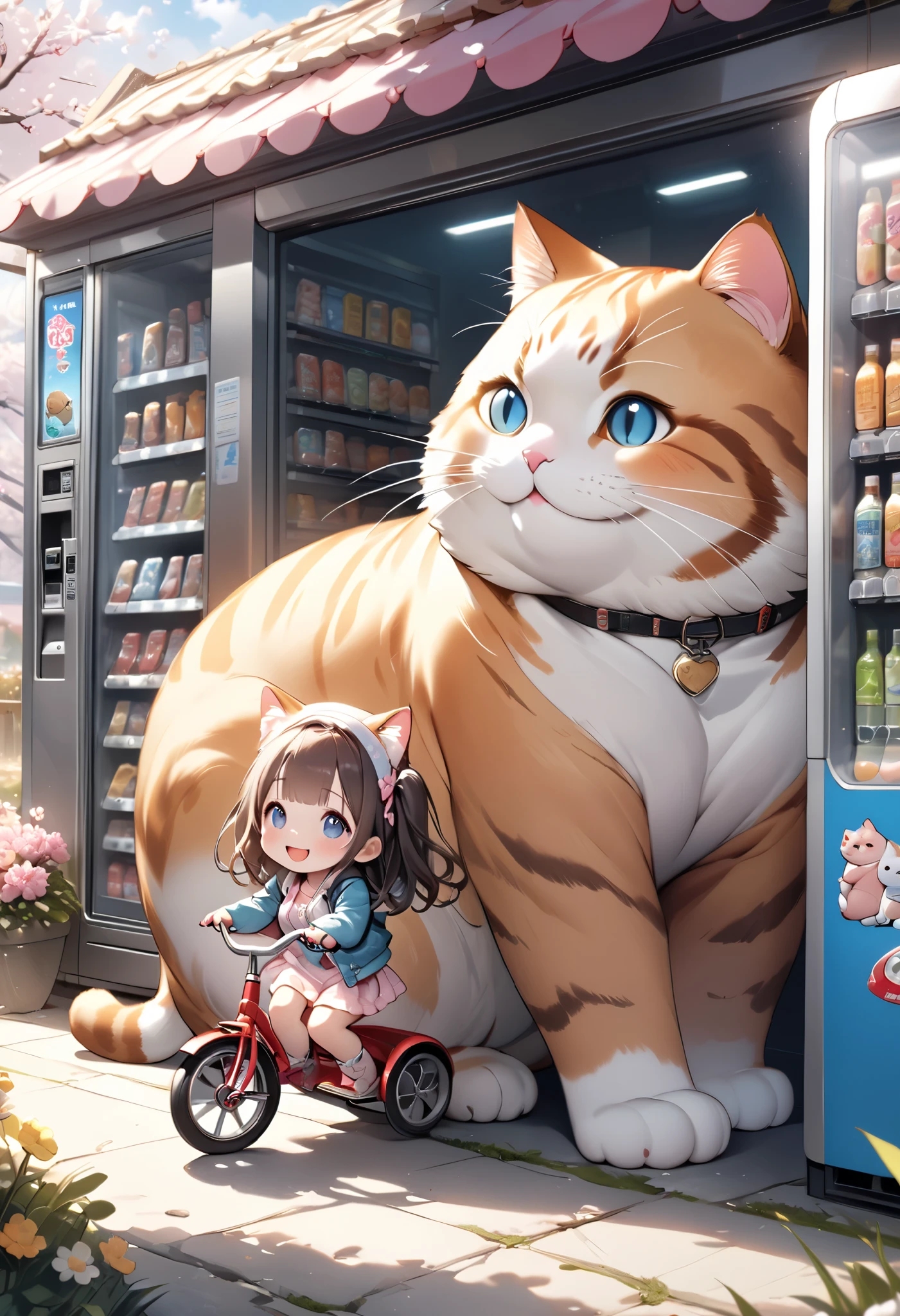 (masterpiece), (ultra-detailed:1.3), best quality, clear focus, dramatic scene, cinematic, shadow, (ultra-high resolution:1.3), (8k:1.3), perfect anatomy, perfect face, (detailed face), (detailed eye:1.2), (chibi:1.2), cute Japanese chibi girl, famous Japanese chibi idol, very beautiful and cute and cool face, (wearing a very cute decorated casual wear with cool blouson:1.2), casual boots, (large breasts), (She is riding a tricycle in front of the vending machine:1.3), (there is a giant fat cat in the vending machine and standing and mewing:1.3), three vending machines in the simple shed, snow-covered dirt road in the flower park, (detailed very cute thick four-footed giant cat is hiding itself in the vending machine and mewing:1.3), they look so happy, happy smile, peaceful atmosphere