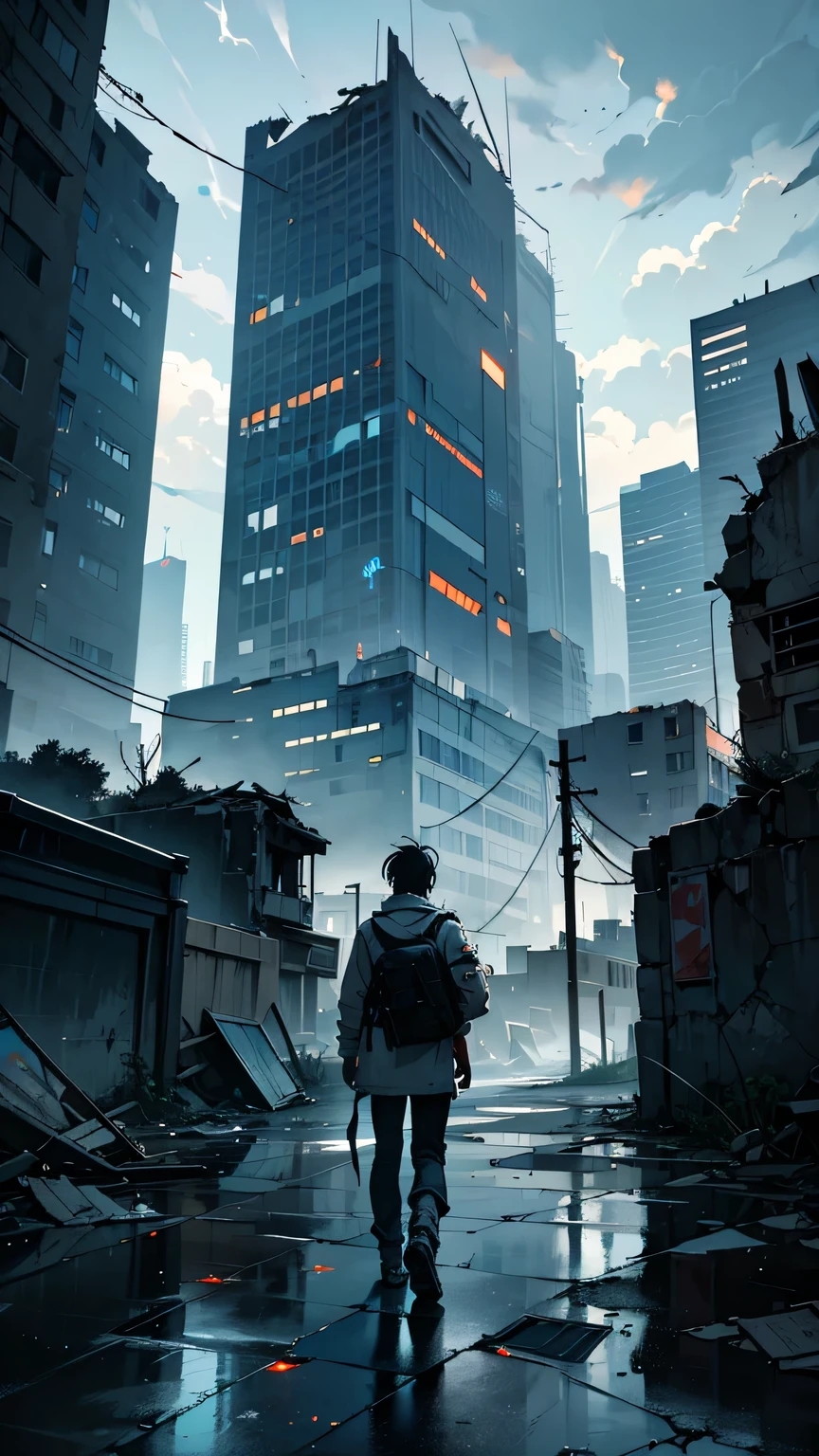 “In the ruins of a once-thriving town, the protagonist walks alone down an empty street. Cracked buildings and shattered glass line the road, and remnants of advanced technology—such as broken holographic screens and malfunctioning robots—are scattered around. The sky is gray, with dark clouds looming overhead. The protagonist’s expression is one of despair and isolation, as he realizes the devastating consequences of his actions. Vines and nature begin to reclaim the broken city, adding an eerie sense of abandonment.”