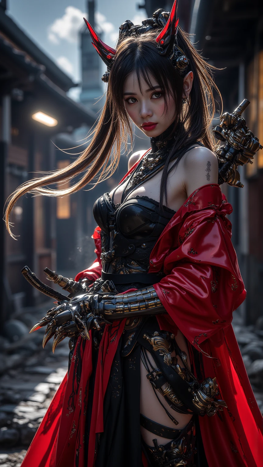 ((​masterpiece:1.4)、(top-quality:1.4)、(reallistic:1.7))、Space Warrior、Beauty Warrior、Sexy Daughter、1girl in、latex shiny、Latex bodysuit、By Luis Royo、age19、Super Ultra Ultra Bikini、Looking Back Beauty、Outstanding style、Slender Abs、beauty legs、Beautiful ass、A detailed eye、beautidful eyes、Raw photo、red-lips、Red boots、a choker、a necklace、耳Nipple Ring、Combat in the ruins of an ancient city of the planet