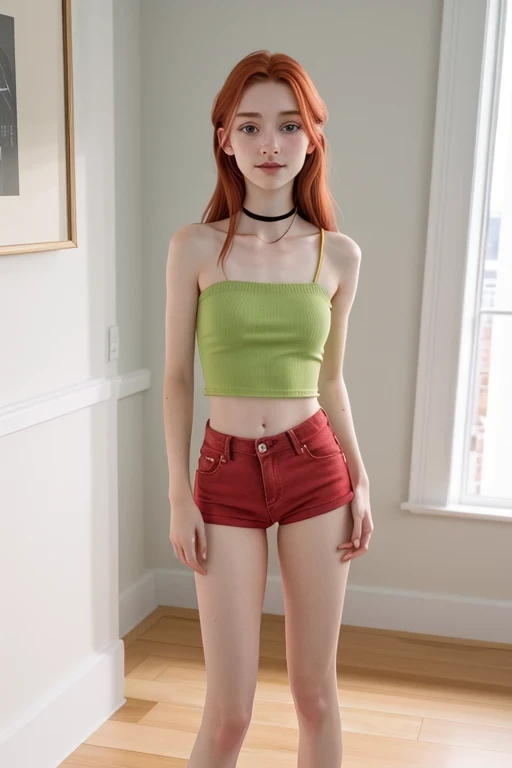 RAW photo, close, (14yo skinny redhead girl:1.2), (( Body )) dimples on the cheeks , masterpiece , rostro beautiful, blush, graphic eyeliner , rouge, ( lipstick:0.6), (choker:0.9), Realistic skin texture , (red:0.8), suave, warm lighting , cozy atmosphere, instagram style, , delgado, beautiful, beautiful, pale skin, the girl does a dance pose in her room looks happy, usando unos pantalones s vaqueros, bare shoulders ,She wears a short green shirt , s, slim, Slender girl, adolescente slim, three-quarter plane , high heels , Maximum detail,