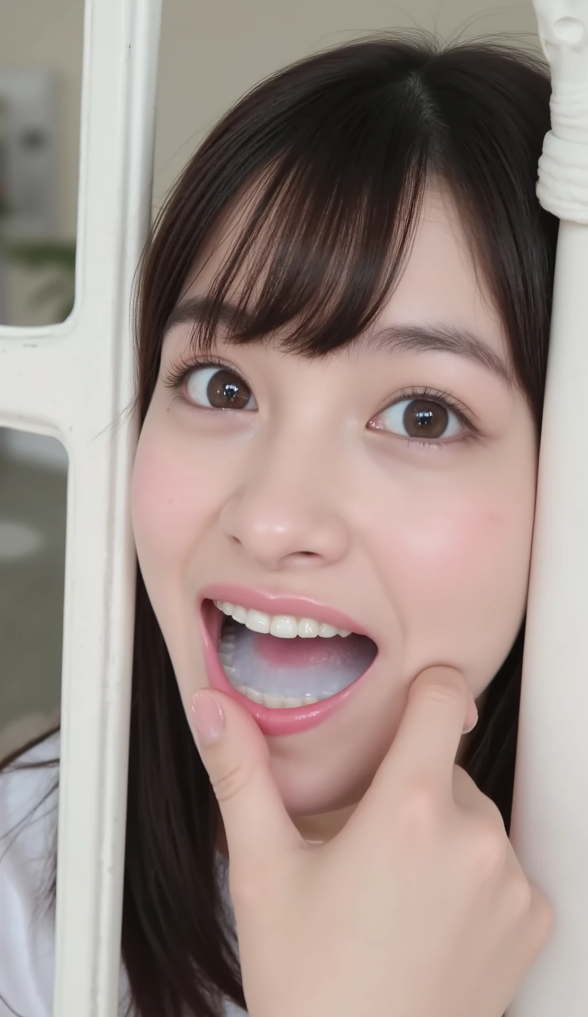 A high resolution photograph of a Japanese young woman, photo realistic, masterpiece, amazing quality, intricate details, professional lighting, solo, 1girl , face focus, black hair, detailed face, surprised face, (fingers brushing her lips), (white cum in mouth, open mouth:1.4), chin up, looking up at the camera, indoors,