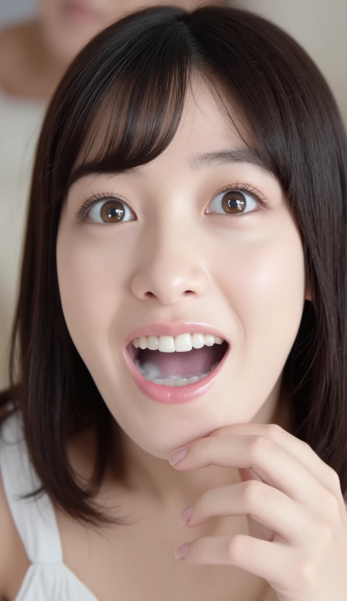 A high resolution photograph of a Japanese young woman, photo realistic, masterpiece, amazing quality, intricate details, professional lighting, solo, 1girl , face focus, black hair, detailed face, surprised face, (fingers brushing her lips), (white cum in mouth, open mouth:1.4), chin up, looking up at the camera, indoors,