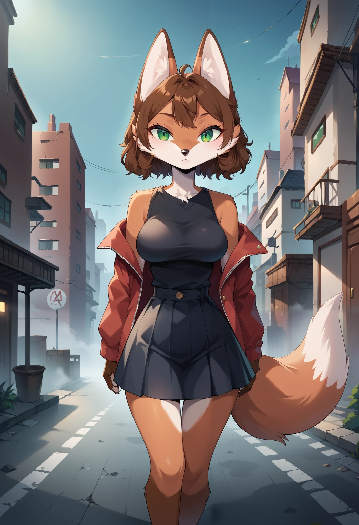 score_8_up, score_7_up, score_6_up, score_5_up, score_4_up, 1girl, solo, Sineki, anthro fox, brown hair, furry female, middle breasts, wide hips, green eyes, curly hair, brown body, 30yo, show accurate anime, 4k, ultra detailed, focus eyes, source_anime, anthro fox, thick fog, abandoned city, crossroad, serios face, standing, fog, in the fog, grey sky, red jacket, black skirt, black shirt, ruanyi1099, house,fog, outdoors