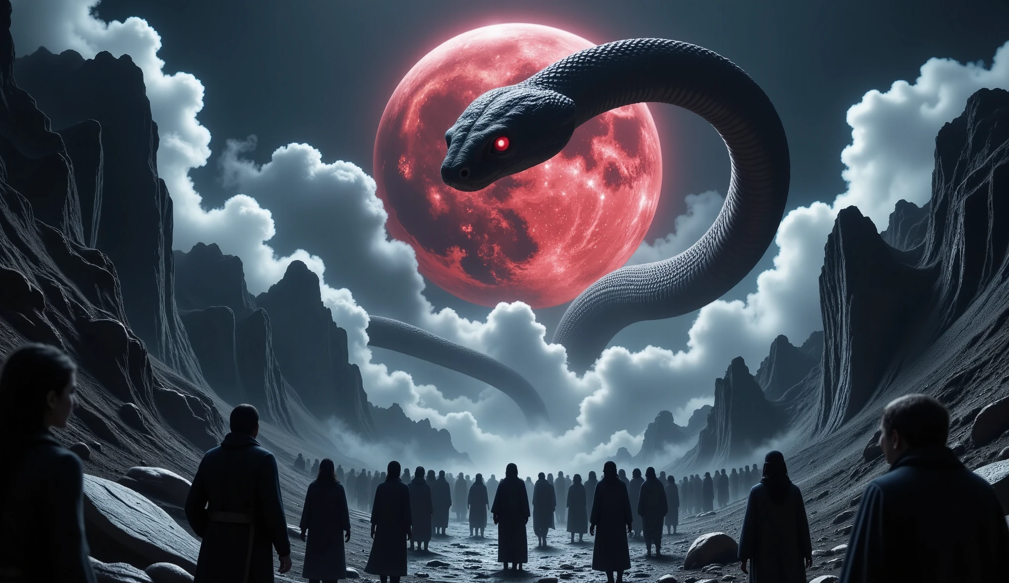 “In ‘The Night of the Serpents’, the line between the mortal world and the underworld dissolves. A crimson moon floats ominously in the sky, casting a menacing light upon a group of people in a dark valley, as the shadow of a large snake rises. Its massive form is visible in the shadows, towering above the ground. The air is filled with tension as ghostly figures from the underworld begin to emerge, circling the snake. This scene is filled with ancient energy, where the realms of life and death converge, and the world trembles under the power of this otherworldly event.”