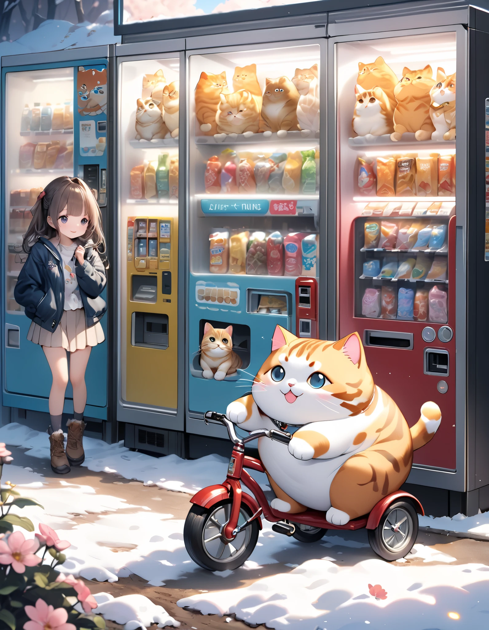 (masterpiece), (ultra-detailed:1.3), best quality, clear focus, dramatic scene, cinematic, shadow, (ultra-high resolution:1.3), (8k:1.3), perfect anatomy, perfect face, (detailed face), (detailed eye:1.2), (chibi:1.2), cute Japanese chibi girl, famous Japanese chibi idol, very beautiful and cute and cool face, (wearing a very cute decorated casual wear with cool blouson:1.2), casual boots, (large breasts), (She is riding a tricycle in front of the vending machine:1.3), (there is a giant fat cat in the vending machine and standing and mewing:1.3), three vending machines in the simple shed, snow-covered dirt road in the flower park, (detailed cute thick four-footed giant cat is hiding itself in the display of the vending machine and mewing:1.3), they look so happy, happy smile, peaceful atmosphere