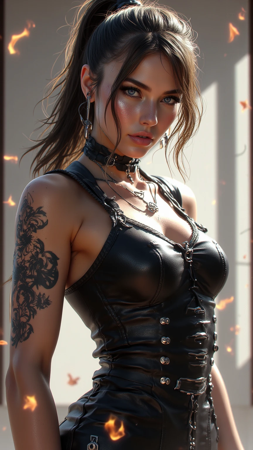 Arte de Frank Frazetta , cabelo preto sedoso longo ao vento, olhos azuis, large eyelashes, Neck and body tattoo, brincos, correntes, segurando faca, Wearing sexy black latex corset , Meias de nylon preto, virada de costas. sentado no Observador, tiro de baixo dela, Post-apocalypse zombie mayhem, Cidade devastada obscura, Ultra realistic cinematic