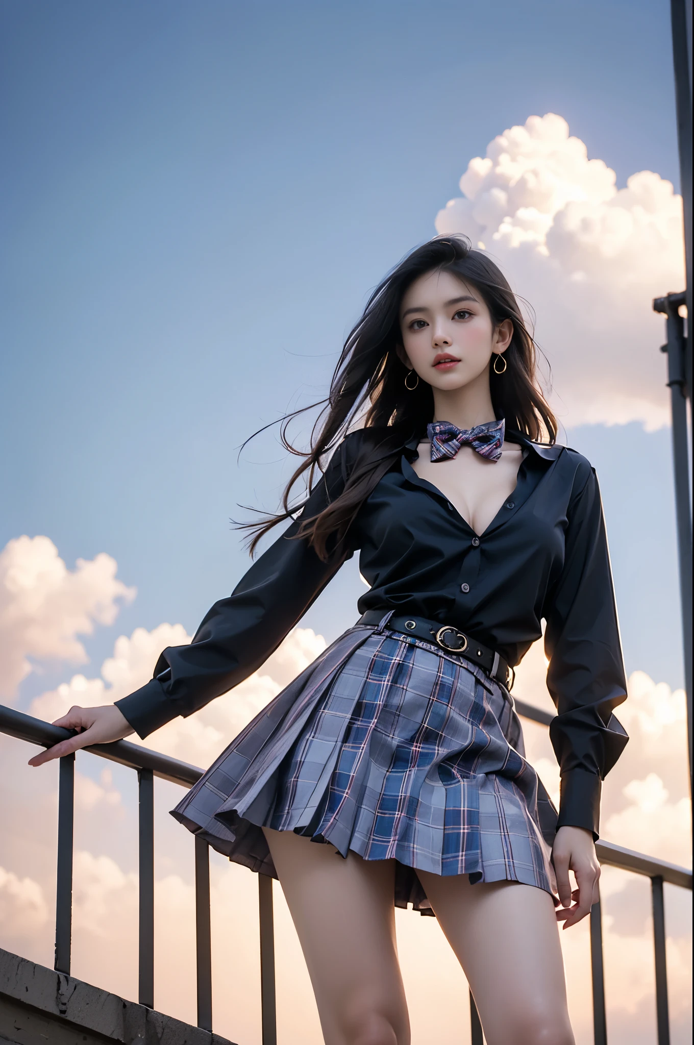 skirt,plaid necktie,belt,plaid skirt,black shirt,bowtie,
,,(from below:1.3), (cowboy shot:1.3) hyperrealistic photography of a beautiful asian fashion model, perfect body proportions, long slender legs, (Full chest, obvious cleavage, very short hemline, fingers elegantly fluttering hemline), (standing pose:1.2), leaning against staircase railing, one leg straight, other leg slightly bent at knee, elegant leg posture, high heels closer to camera, professionally lit fashion photoshoot, low angle shot, blue sky with white clouds, 8k uhd, masterful composition, photorealistic, detailed face features, glossy long hair, soft natural makeup, detailed skin texture, professional lighting, sharp focus, high end fashion magazine style, ultra detaile