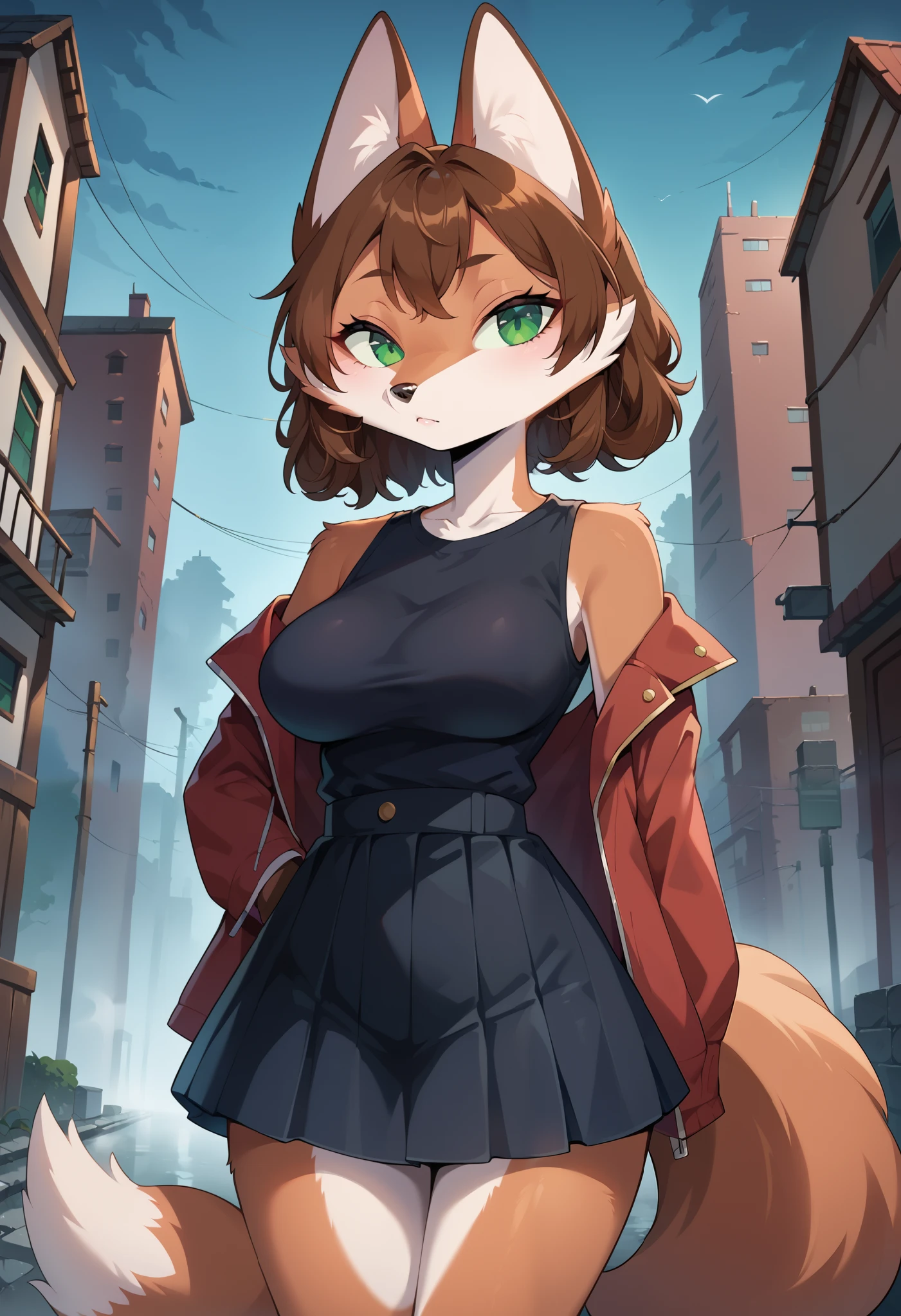 score_8_up, score_7_up, score_6_up, score_5_up, score_4_up, 1girl, solo, Sineki, anthro fox, brown hair, furry female, middle breasts, wide hips, green eyes, curly hair, brown body, 30yo, show accurate anime, 4k, ultra detailed, focus eyes, source_anime, anthro fox, thick fog, abandoned city, crossroad, serios face, standing, fog, in the fog, grey sky, red jacket, black skirt, black shirt, ruanyi1099, house,fog, outdoors, half-turned view