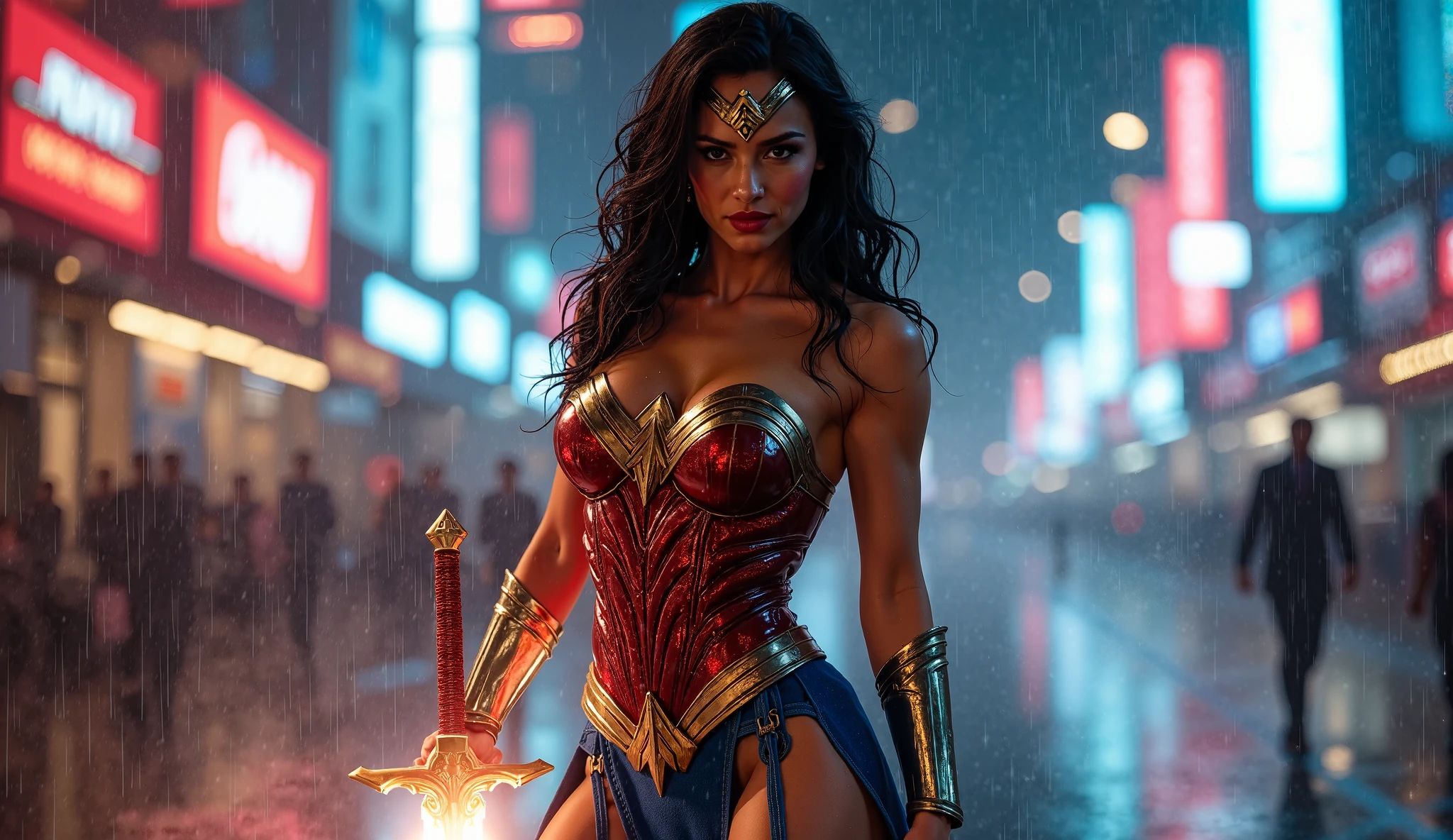 wearing wonder_woman_cosplay_outfit, in front of a sky, 
good hand, 4k, high-res, masterpiece, best quality, head: 1.3, ((Hasselblad photography)), finely detailed skin, sharp focus, (cinematic lighting), night, soft lighting, dynamic angle, [:(detailed face: 1.2): 0.2], medium breasts, out, (cameltoe:1.4)