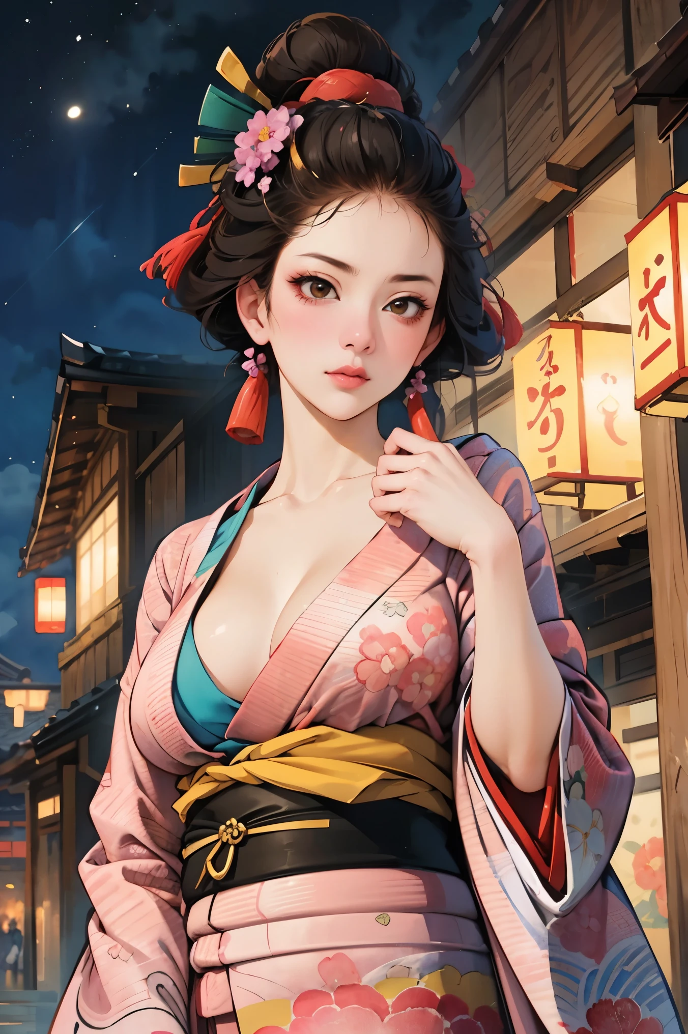 (Browsing Caution), (RAW Photos), (Realistic), (Photorealistic), Ultra-high resolution, masterpiece, Highest quality, Portraiture, facial Portraiture, Perfect lighting, Detailed lighting, Dramatic Shadows, Ray Tracing, Pure Eros Face_v1, Urzan-6500-v1.1, ((smile)), ((upper body:1.2)), ((random sexy pose)), looking at viewer, ((wearing a kimono)), ((holding a Japanese Katana)), ((in old Japanese street)), ((night)), ((full moon)), ((background with Cherry blossom)), ((Japanese tattoo)),