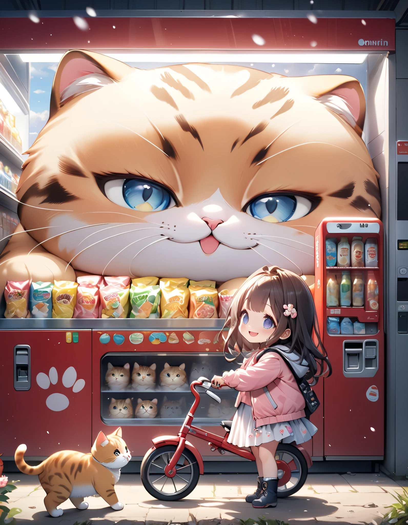 (masterpiece), (ultra-detailed:1.3), best quality, clear focus, dramatic scene, cinematic, shadow, (ultra-high resolution:1.3), (8k:1.3), perfect anatomy, perfect face, (detailed face), (detailed eye:1.2), (chibi:1.2), cute Japanese chibi girl, famous Japanese chibi idol, very beautiful and cute and cool face, (wearing a very cute decorated casual wear with cool blouson:1.2), casual boots, (large breasts), (She is riding a tricycle in front of the vending machine:1.3), (there is a giant fat cat in the vending machine and standing and mewing:1.3), three vending machines in the simple shed, snow-covered dirt road in the flower park, (detailed cute thick four-footed giant cat is hiding itself in the display of the vending machine and mewing:1.3), they look so happy, happy smile, peaceful atmosphere