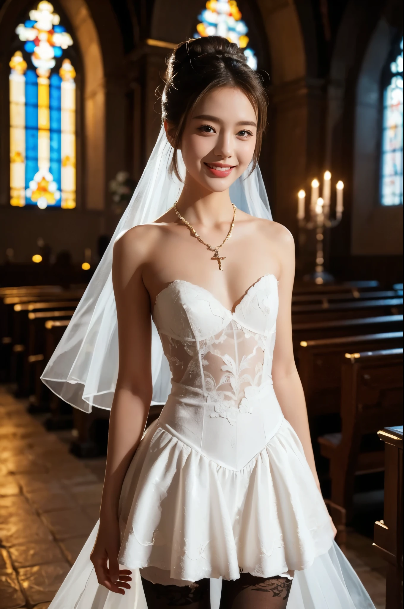 16K quality、Highest quality、masterpiece、Real photo、 Ultra-high resolution、(((Long Shot、Full body portrait)))、((立ってウエディングドレスをめくり上げるかわいいBlondeの花嫁))、((Inside the church、altar))、(Shiny white silk wedding dress)、(Off-the-shoulder dress、Exposing the chest)、(((She lifts the hem of her dress with both hands to show her panties:1.5)))、((High cut high leg panties、Lace panties))、((White Stockings))、(((Blonde:1.5)))、 ((Blondeのアップヘアスタイル))、((Silk Veil、Gorgeous hair ornament、tiara))、((Lace Opera Gloves、Wedding ring on left ring finger))、Shiny earrings、choker、((blue eyes))、((Embarrassed expression、blush))、Beautiful legs、(Big eyes、No makeup、Very beautiful and subtle makeup, Light makeup,)、Perfect body、Perfect hands、Perfect Fingers、Detailed and beautiful thin lips、A clear, beautiful face and well-proportioned eyes、Highly detailed eyes and face、Long eyelashes、double eyelid、A neat nose、Thin eyebrows、Border Light、Realistic Light、 Cute round face, Plump thighs、Accentuate your thighs、Hairstyle with bangs、Slender body、slim、Light-reflecting skin、Model body type、8Head to Body、Low - Angle、The light reflected in your eyes、Smaller face、Lip gloss、Looking away、Background blur、Movie lighting from the front、Light on face
