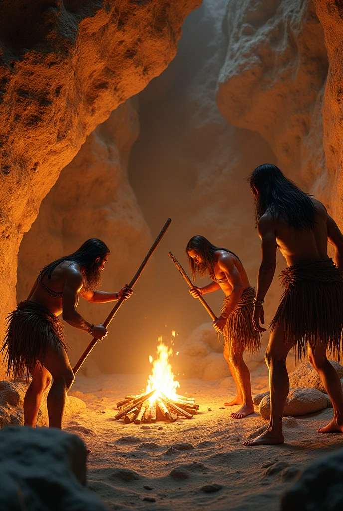 A Stone Age family, dressed in animal loincloths, sits around a crackling campfire in front of a cave. The family includes a father holding a spear, a mother cooking meat over the fire, and two children playing with stones. The scene is set at dusk, with the warm glow of the fire illuminating their faces and the cave walls adorned with primitive drawings. The surrounding landscape features rugged terrain, scattered rocks, and distant mountains under a twilight sky.”