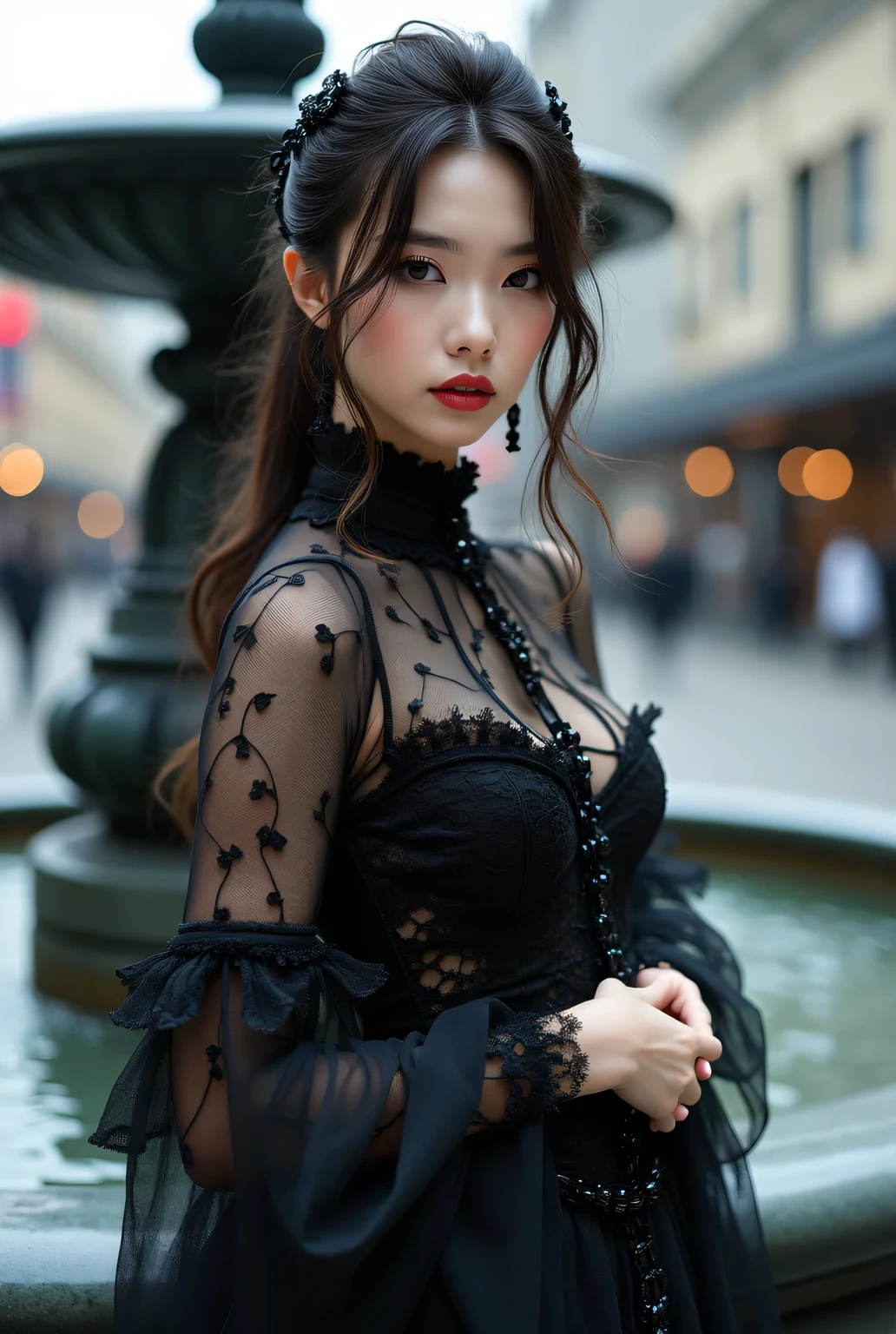 (realistic:1.3), finely detailed, quality, rembrandt lighting, (masterpiece:1.2), (photorealistic:1.2), (best quality), (detailed skin:1.3), (intricate details), dramatic, ray tracing, 1girl, japanese girl, 21 years old, detailed skin texture, (blush:0.5), (goosebumps:0.5), subsurface scattering, smiling, medium breasts, updo hair, bangs, hair between eyes, white dress, off-shoulder dress, cleavage, sp, see-through, full body, (night sky, outdoors, lavish, resplendent, castle, city lights far away), <lora:sp:0.8>