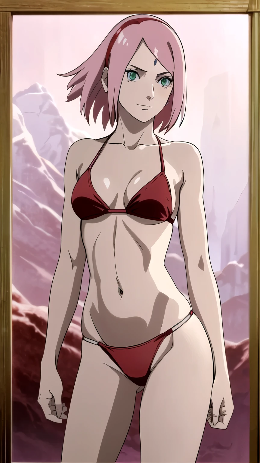 anime style, solo, 1 woman, from right, close view, (hand leaning, laying on cave, brushing hair), super ultra details, bold drawing lines, very high resolution, perfect anatomy, ultra detailed face, high vibrance, (blue light), ((cold colors)), 1girl, haruno sakura, (slim body, pale skin, thin belly , off-shoulders, biceps, toned arms, leaning forward, very pale skin, forehead mark, smile, hand leaning), ((red string bikini, red hair band)), looking at viewer, (cave), floating hair, big smile, cowboy shot, (reddish hair, detailed hair, missy hair, short hair, scattered hair), spring time, attractive colors