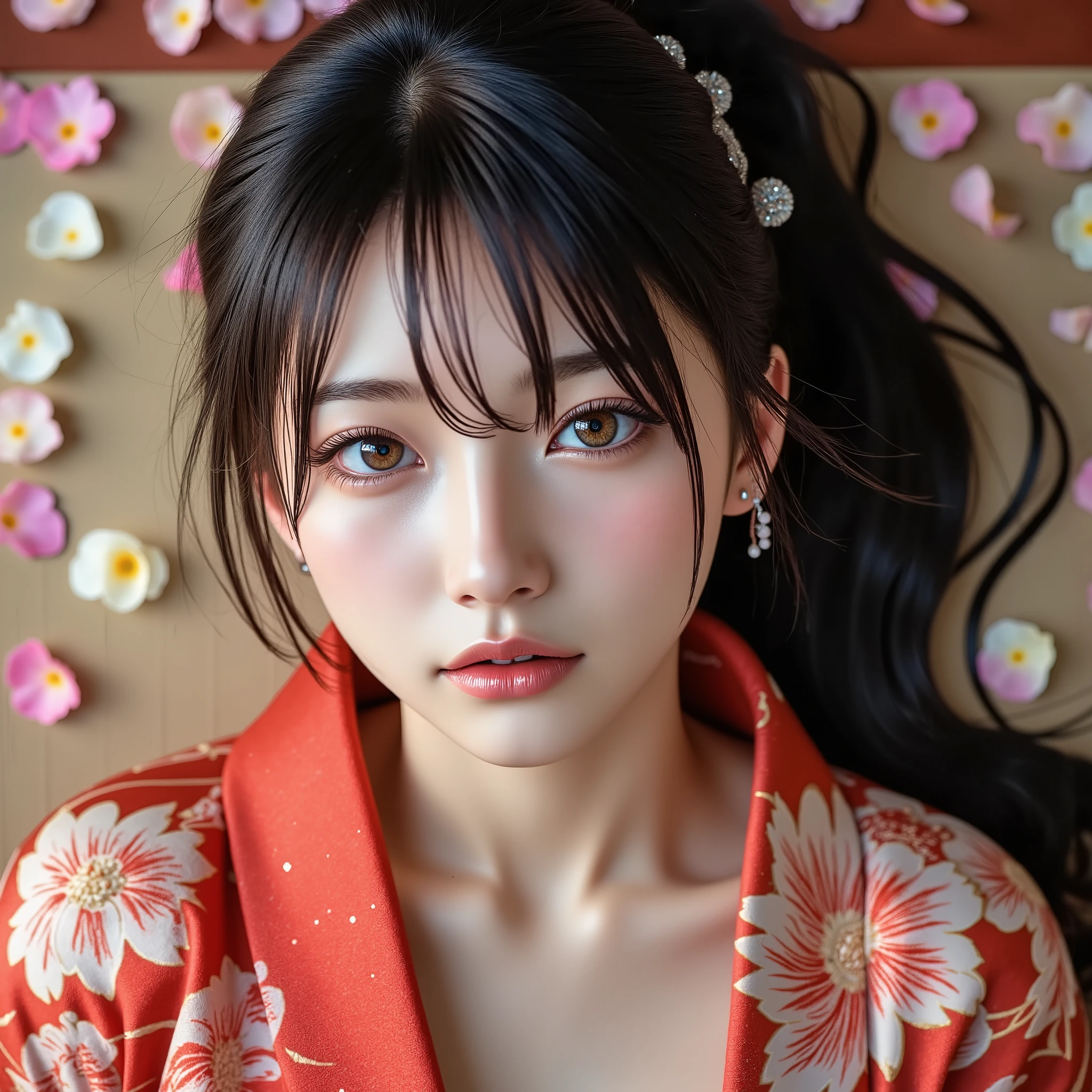 (Canon), (EOS R5), (50mm), (( photorealistic:1.5)), (No lens flare :1.5), (超 high resolution), (masterpiece), accurate, ( realisticな質感の肌), more details, high detail, High Quality , Award-winning work , 最 High Quality , 32K, is written in depth, digital camera, Award-winning glamour photo , professional writing, ((最 High Quality :1.5)), ((masterpiece:1.5)), (( realistic)), high resolution, (とても美しくて可愛い1 personの日本人女性), ((Aerial view from above :1.5)), (( upper body shot from head to knee :1.5)), ( full body shot:1.4), ((A half-naked Japanese woman wearing a Japanese kimono)), ((Lying on your back on a beautiful tatami mat in a Japanese-style room :1.5)), ((Lying on your back :1.5)), ((( wearing only Japanese kimonos , no underwear, Semi-nude:1.5))), ((( The cleavage between your shoulders and bust looks big :1.8))), (1 person), ((Beautiful and cute, 18 year old Japanese)), (( very cute high school girl with a good shape )), ( beautiful black hair ponytail), Very beautiful and sexy, Fascinating Beauty , seductive pose , Height: 160cm, slim figure, Beautifully shaped bust , D Cup, (A very cute, cheerful smile:1.5), (Alone:1.5), ( brown eyes:1.9), ( Detailed depiction of extremely realistic skin ), (Highly detailed, realistic eyes:1.9), (Very beautiful, long, realistic eyelashes), (Highly detailed, realistic eyebrows), (丸い brown eyes :1.8), ( beautiful catchlight on the eyes), (Realistic lips with moisture ), ( white realistic teeth arranged neatly), ( Beautiful and Detailed Face :1.6), (Hourglass body shape:1.6), (Wasp waist :1.5), ( Perfectly round and beautifully shaped bust :1.8), ( clearly contoured cheekbones :1.5), ( perfect style body :1.8), (Healthy body :1.8), (Narrow shoulders:1.9), ( staring at viewers ), ( seductive gaze ), (Beautiful, natural-looking hands), (Beautiful pink nails of perfect length), ( very cute smile:1.1), (Waist, I can see my stomach:1.4), Intricate and detailed, colorful depiction , (( A red Japanese kimono with a beautiful and cute floral pattern designed like an orchid:1.5)), (( The kimono is large and the shoulders and chest are quite exposed :1.3)), (( off shoulder:1.5)), (Beautiful Japanese kimonos), (Kimono with a flower pattern on red fabric, 女性 1 person, Open back, full body photo, Flower Hairpin, (Ikebana can be seen behind it ), extremely sexy sensual body , , like々 sensual elegance, Sexy Body , Sexy appearance, Lying on the tatami mat in a Japanese-style room, The groin and thighs are exposed , shot taken from directly above, ( Beautiful pink, yellow, and white petals are scattered on the tatami mat), Japanese style hairpin, Japanese Style Hair Ornament, A gentle-looking face, thin waist , ( Beautiful cleavage of the bust can be seen quite a bit ), blur background, Illuminate the face, dynamic pose, thighs, Beautiful Legs , beautiful body line, white skin, Art Photography, beautiful soft lighting ,