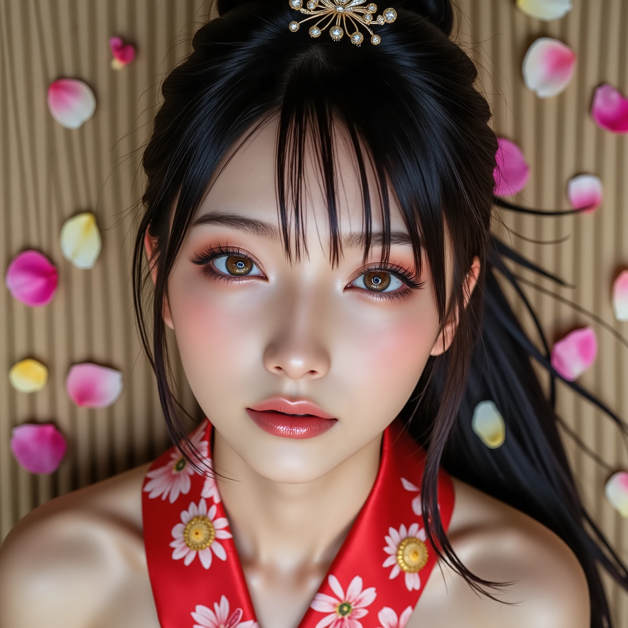 (Canon), (EOS R5), (50mm), (( photorealistic:1.5)), (No lens flare :1.5), (超 high resolution), (masterpiece), accurate, ( realisticな質感の肌), more details, high detail, High Quality , Award-winning work , 最 High Quality , 32K, is written in depth, digital camera, Award-winning glamour photo , professional writing, ((最 High Quality :1.5)), ((masterpiece:1.5)), (( realistic)), high resolution, (とても美しくて可愛い1 personの日本人女性), ((Aerial view from above :1.5)), (( upper body shot from head to knee :1.5)), ( full body shot:1.4), ((A half-naked Japanese woman wearing a Japanese kimono)), ((Lying on your back on a beautiful tatami mat in a Japanese-style room :1.5)), ((Lying on your back :1.5)), ((( wearing only Japanese kimonos , no underwear, Semi-nude:1.5))), ((( The cleavage between your shoulders and bust looks big :1.8))), (1 person), ((Beautiful and cute, 18 year old Japanese)), (( very cute high school girl with a good shape )), ( beautiful black hair ponytail), Very beautiful and sexy, Fascinating Beauty , seductive pose , Height: 160cm, slim figure, Beautifully shaped bust , D Cup, (A very cute, cheerful smile:1.5), (Alone:1.5), ( brown eyes:1.9), ( Detailed depiction of extremely realistic skin ), (Highly detailed, realistic eyes:1.9), (Very beautiful, long, realistic eyelashes), (Highly detailed, realistic eyebrows), (丸い brown eyes :1.8), ( beautiful catchlight on the eyes), (Realistic lips with moisture ), ( white realistic teeth arranged neatly), ( Beautiful and Detailed Face :1.6), (Hourglass body shape:1.6), (Wasp waist :1.5), ( Perfectly round and beautifully shaped bust :1.8), ( clearly contoured cheekbones :1.5), ( perfect style body :1.8), (Healthy body :1.8), (Narrow shoulders:1.9), ( staring at viewers ), ( seductive gaze ), (Beautiful, natural-looking hands), (Beautiful pink nails of perfect length), ( very cute smile:1.1), (Waist, I can see my stomach:1.4), Intricate and detailed, colorful depiction , (( A red Japanese kimono with a beautiful and cute floral pattern designed like an orchid:1.5)), (( The kimono is large and the shoulders and chest are quite exposed :1.3)), (( off shoulder:1.5)), (Beautiful Japanese kimonos), (Kimono with a flower pattern on red fabric, 女性 1 person, Open back, full body photo, Flower Hairpin, (Ikebana can be seen behind it ), extremely sexy sensual body , , like々 sensual elegance, Sexy Body , Sexy appearance, Lying on the tatami mat in a Japanese-style room, The groin and thighs are exposed , shot taken from directly above, ( Beautiful pink, yellow, and white petals are scattered on the tatami mat), Japanese style hairpin, Japanese Style Hair Ornament, A gentle-looking face, thin waist , ( Beautiful cleavage of the bust can be seen quite a bit ), blur background, Illuminate the face, dynamic pose, thighs, Beautiful Legs , beautiful body line, white skin, Art Photography, beautiful soft lighting ,