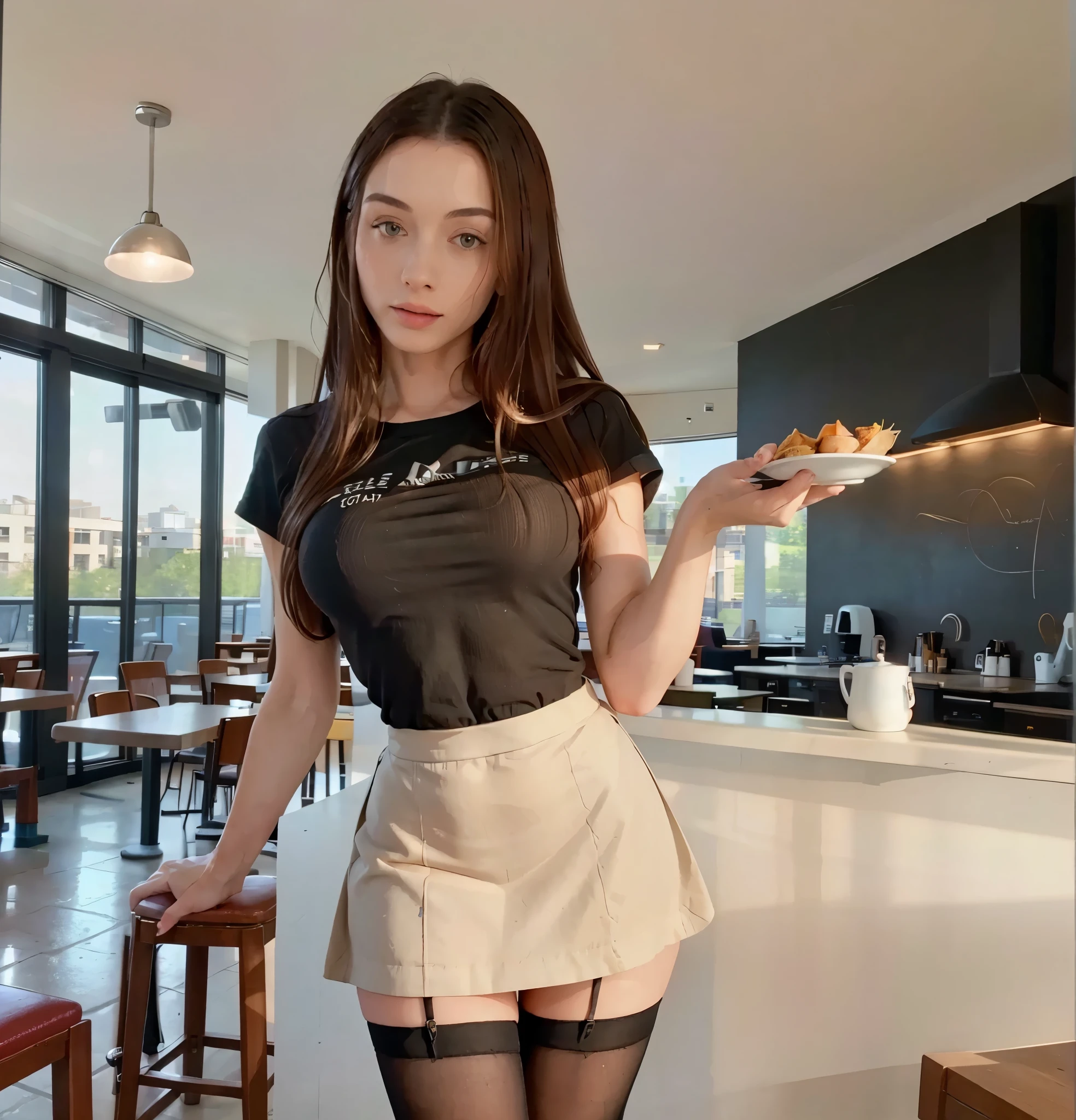 RAW photo, (a portrait photo of a woman: 1.2), (waitress in a cafeteria: 1.3), (very detailed skin: 1.2), detailed eyes, best quality lighting, beautiful, (shirt), (black skirt) , long black stockings, model legs 1.1, (high class: 1.1), (realistic: 1.3), (best quality real skin texture: 1.4), (increase beautiful skin texture: 1.1) fine details eyes, good quality eyes, standing, 30 years old, real clothes, perfect body beauty: 1.4,((best quality)), ((masterpiece)), (detailed), perfect face