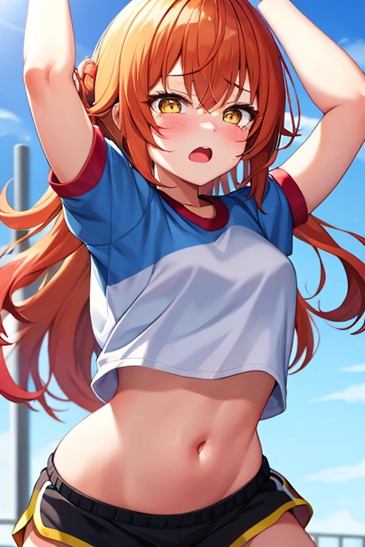 nsfw,Cute Girls、Soryu Asuka Langley、Middle school swimming lessons、I was given a T-shirt to wear as a swimsuit.、The gym clothes were small, and the three of us who are of average height had our butts exposed when we pulled up the bottoms to hide our pussies.、 I had no choice but to pull the hem of my pants down with one hand to cover my pussy and the other to cover my ass and stand up.、I had to bend forward a little to completely hide my pussy, so I ended up sticking my ass out instead.、 I looked pretty miserable but the other two were even worse.、The two girls were on the volleyball team and were about 165cm tall. Even though they were wearing gym clothes, their belly buttons were visible and there was no way to hide them. They held their pussies tightly with both hands, and their asses were completely exposed, as if they had given up on being seen.、Manga style
