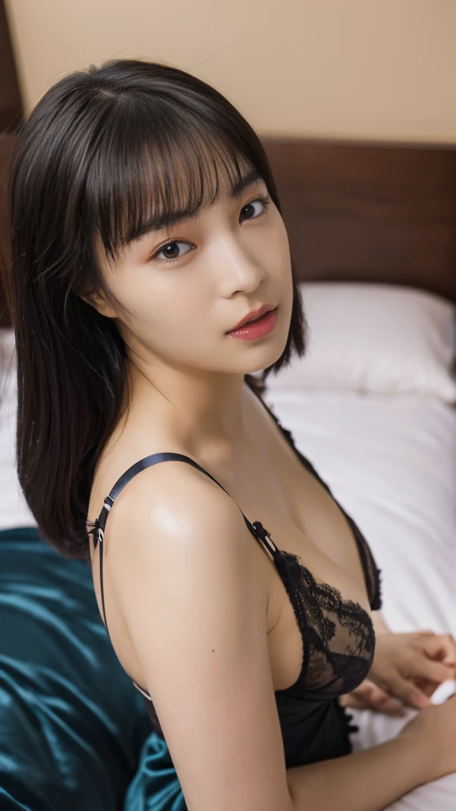 (Safety at Work:1.1), 8k, Anatomically correct, Cast a Shadow, Adjusting the overall balance, One beautiful woman, (Beautiful Skin, Transparency:0.9), (Beautiful body lines:1.1), (navy blue luxury underwear:1.1), Dark brownish black hair, (long hair in ponytail), (Let your bangs down:1.0), (Natural and rich expression:0.9), double, Strong and fleeting eyes, Round earring on left ear, (clear, Beautiful Eyes:0.8), (Seductive lips:0.9), attractive appearance, Cute Smile, Dynamic configuration, Lie down in bed, (A dynamic pose:1.0), I&#39;ll lie down and look at you,  (Organizing the whole:1.0), Professional photos, (A dark background to make your subject stand out)