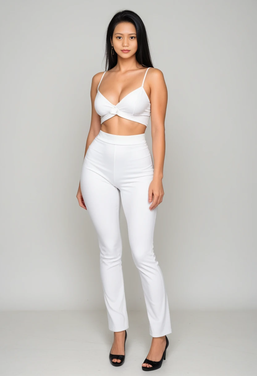 A hot korean woman, pretty korean woman, long legs, blonde hair, flowy messy hair style, (plump body, large colossal breasts, braless), ((white tube top shirt), (white legging short-waist)), high heels, stilettos, pushes chest, full body, standing and open legs, front view, (at photo studio, professional photo studio, white backdrop photo studio background, studio lighting, dynamic light).