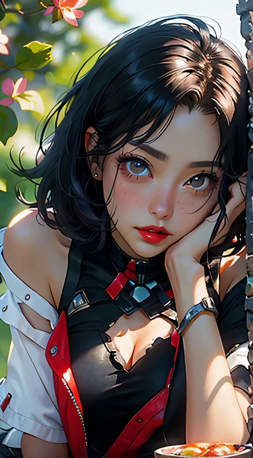 close up of face, head on, score_9, score_8_up, score_7_up, BREAK source_anime, Marnie (pokemon), punk, sucubbus, beautiful eyes, aqua eyes, choker, red ribbon, Side bangs, black hair, Voluminous hair, much hair, pink lingerie, big breasts, (beautiful detailed face, beautiful detailed eyes), High contrast, (best illumination, an extremely delicate and beautiful), ((caustic, sexy, charming, seductive)), british woman, arms down, Adult, 26 years, russian woman, adult woman, London background, breast focus, breasts, nipples, 26 years.