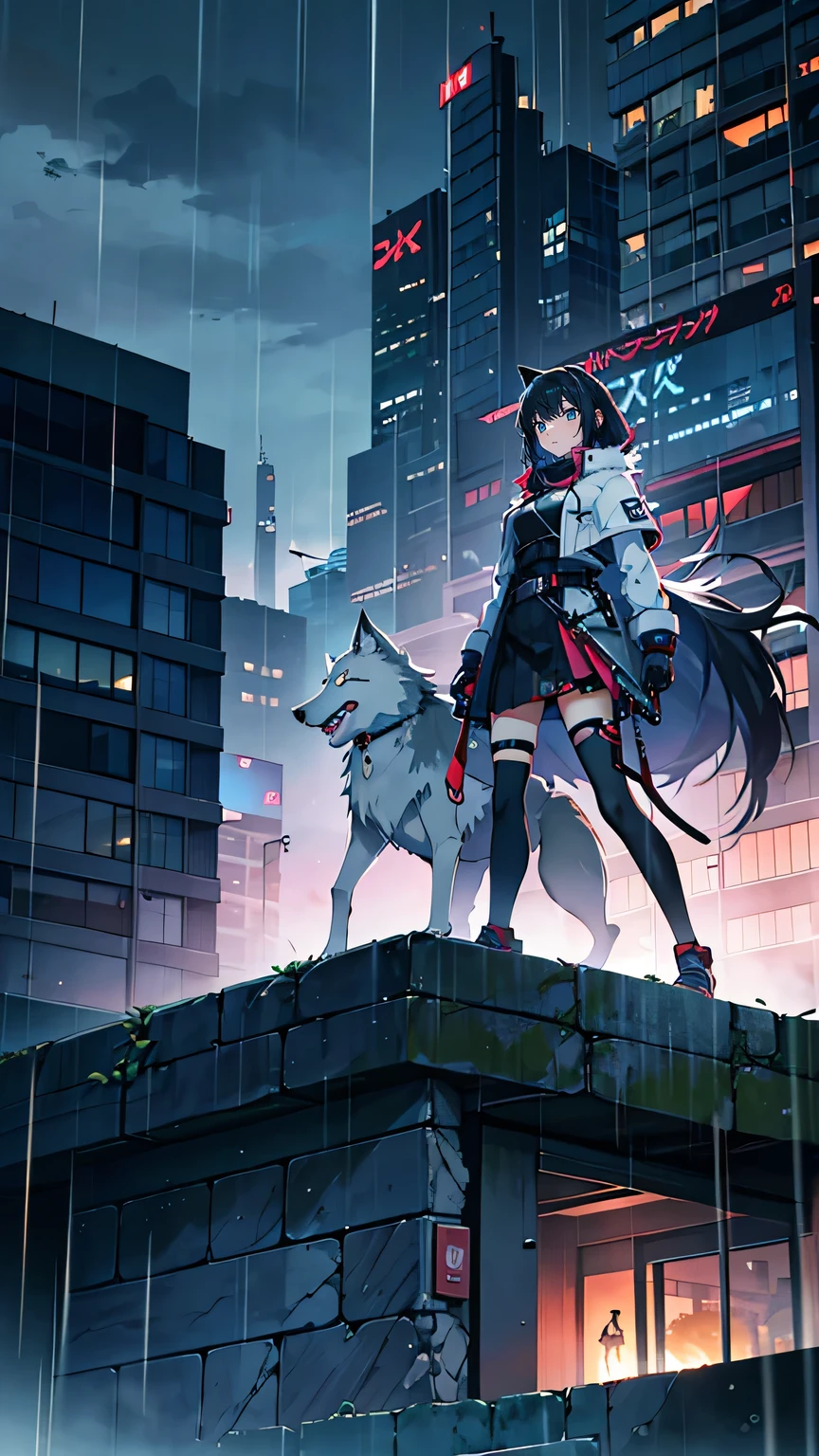 “Showcase a strategic digital battle taking place in an urban landscape. A calm, calculating teenage girl, Misaki, stands in the foreground, her sleek wolf-like digital pet, Sylva, crouched beside her, ready to strike. Sylva blends into the environment with a stealthy glow, its sharp eyes locked on the opponent. The city around them is dark and quiet, with rain gently falling, adding a tactical and suspenseful atmosphere. Misaki holds her AR device, carefully planning her next move, while Sylva remains poised for a quick, precise attack.”