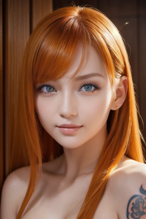 Wear a love diamond BB clip on your head,Orange hair,Cute face,Long eyelashes,Take a selfie in your room