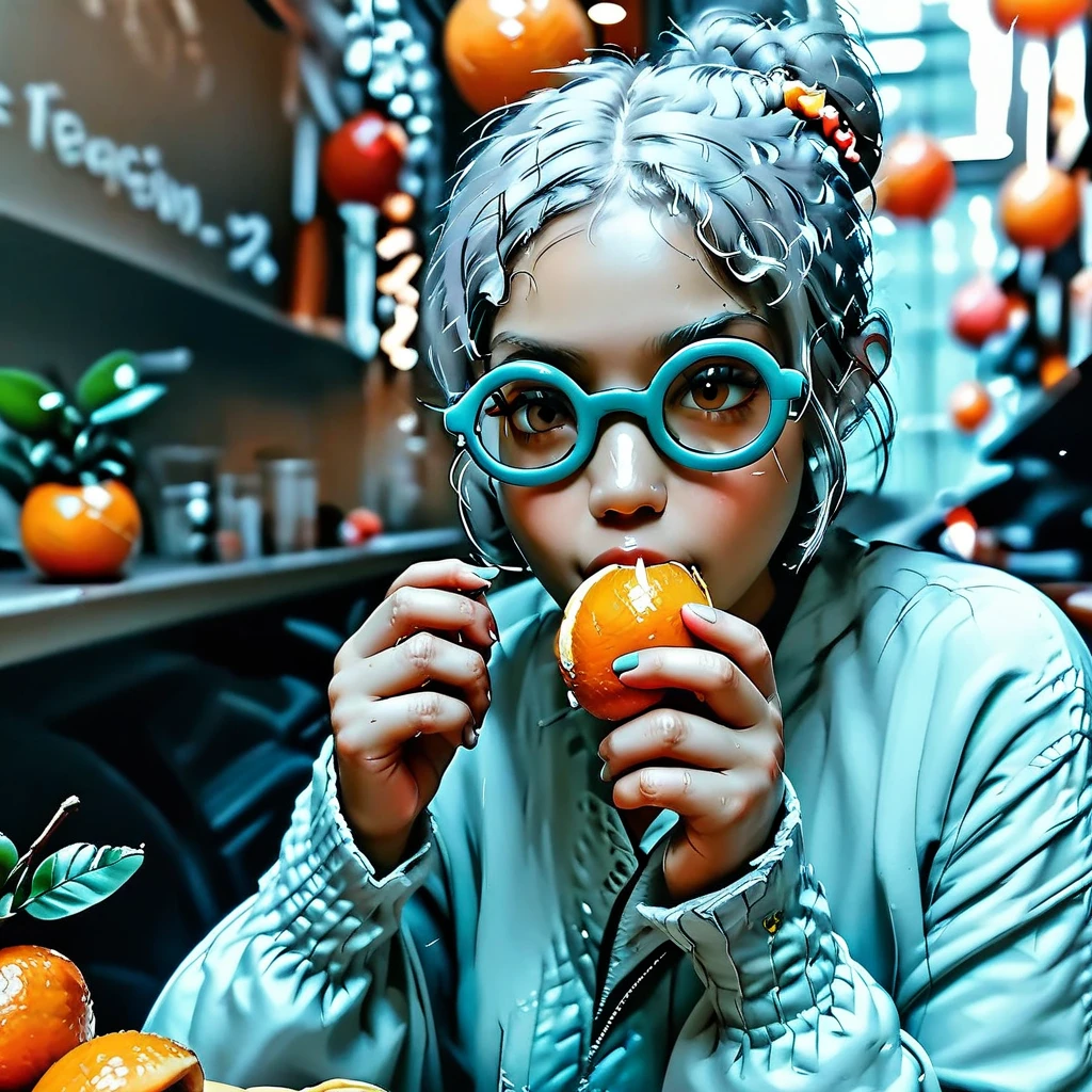 A chonky indonesian woman, batik pyjama , long wavy grey hair, reading glasses, sitting on a rattan chair in the patio, eating fruits