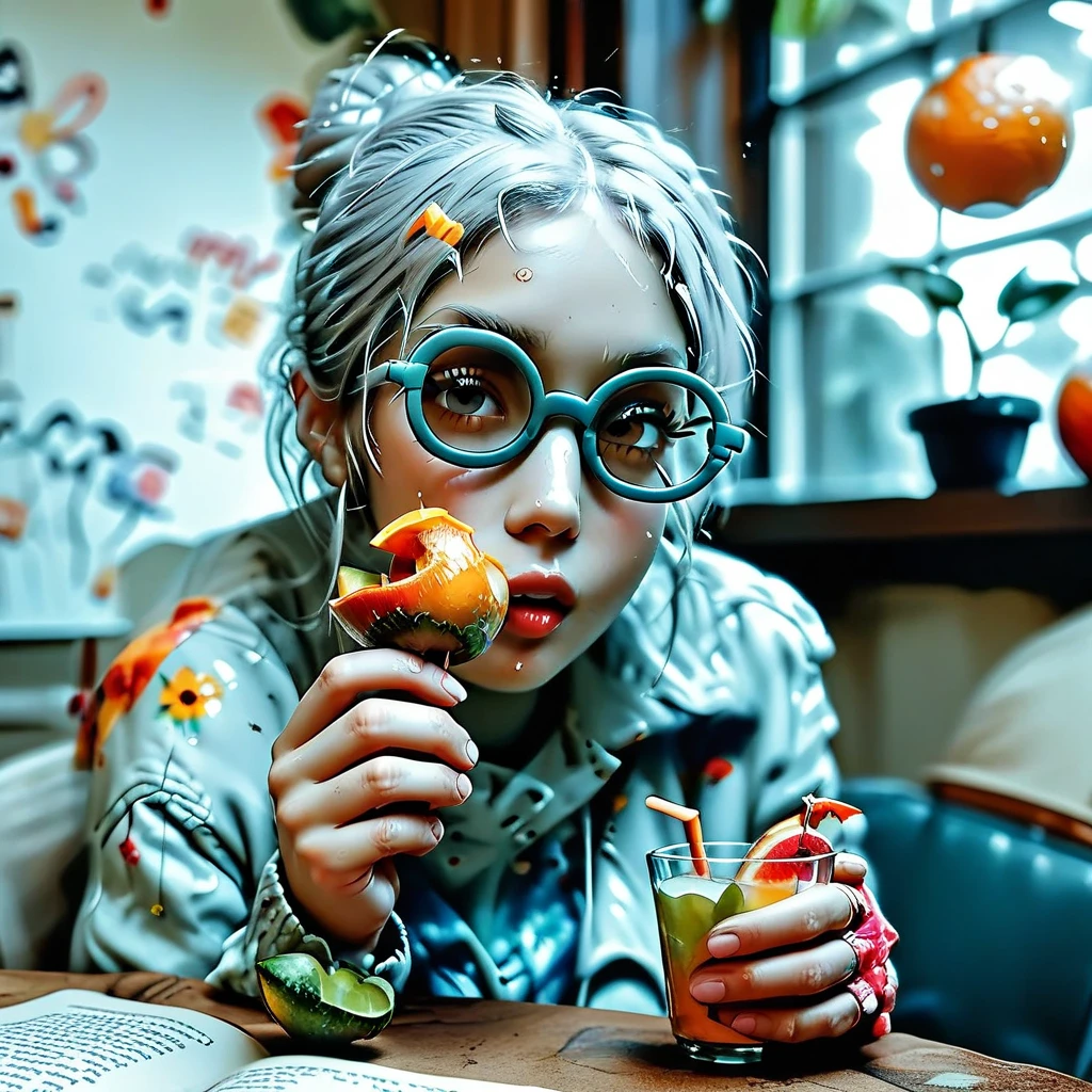 A chonky indonesian woman, batik pyjama , long wavy grey hair, reading glasses, sitting on a rattan chair in the patio, eating fruits