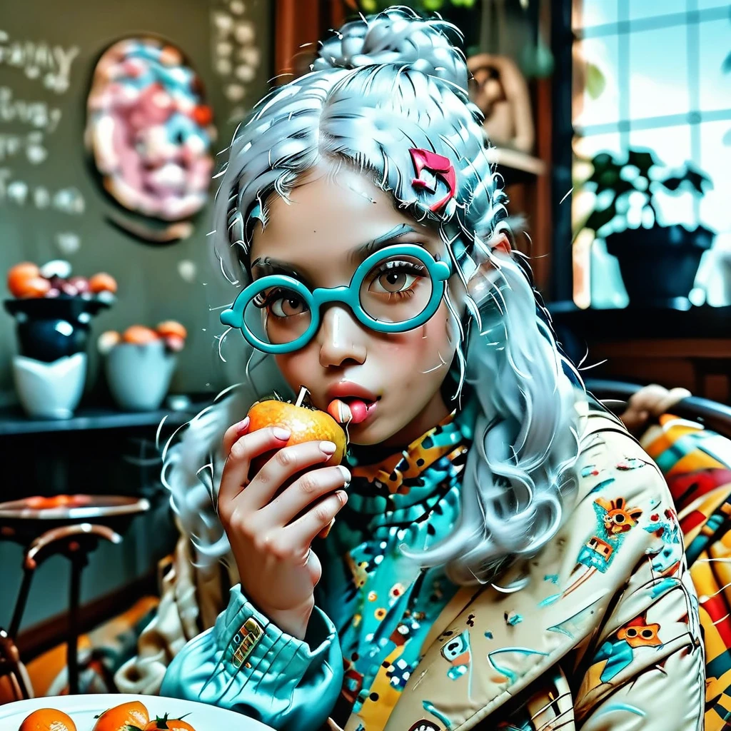 A chonky indonesian woman, batik pyjama , long wavy grey hair, reading glasses, sitting on a rattan chair in the patio, eating fruits