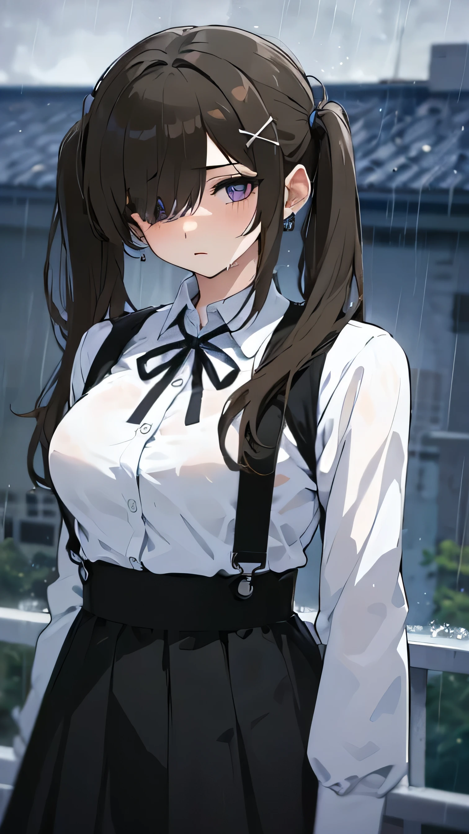High Resolution, Masterpiece, 1girl, Solo, Long Hair, Twintails, Black Hair, Medium Breasts, Earrings, Purple Eyes, Heavy Breathing, Sad, Depth Of Field, Anime Style, School Uniform, School Rooftop, Raining, One eye hidden from hair, Wet Clothes, Petite, wet white shirt