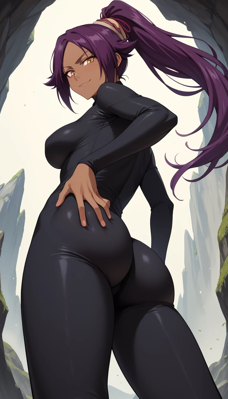 (masterpiece), best quality, expressive eye, perfect face, mature female, medium breasts, , long hair, (hair over one eye), very long hair, straight hair, black hair BREAK yellow eye BREAK sand, canyon, rocks, latex bodysuit, shiny suit, purple suit BREAK standing, embarrased, blush, angry, >:(, looking at viewer, day sky, from behind, looking back, cute butt, leaning foward, outdoors