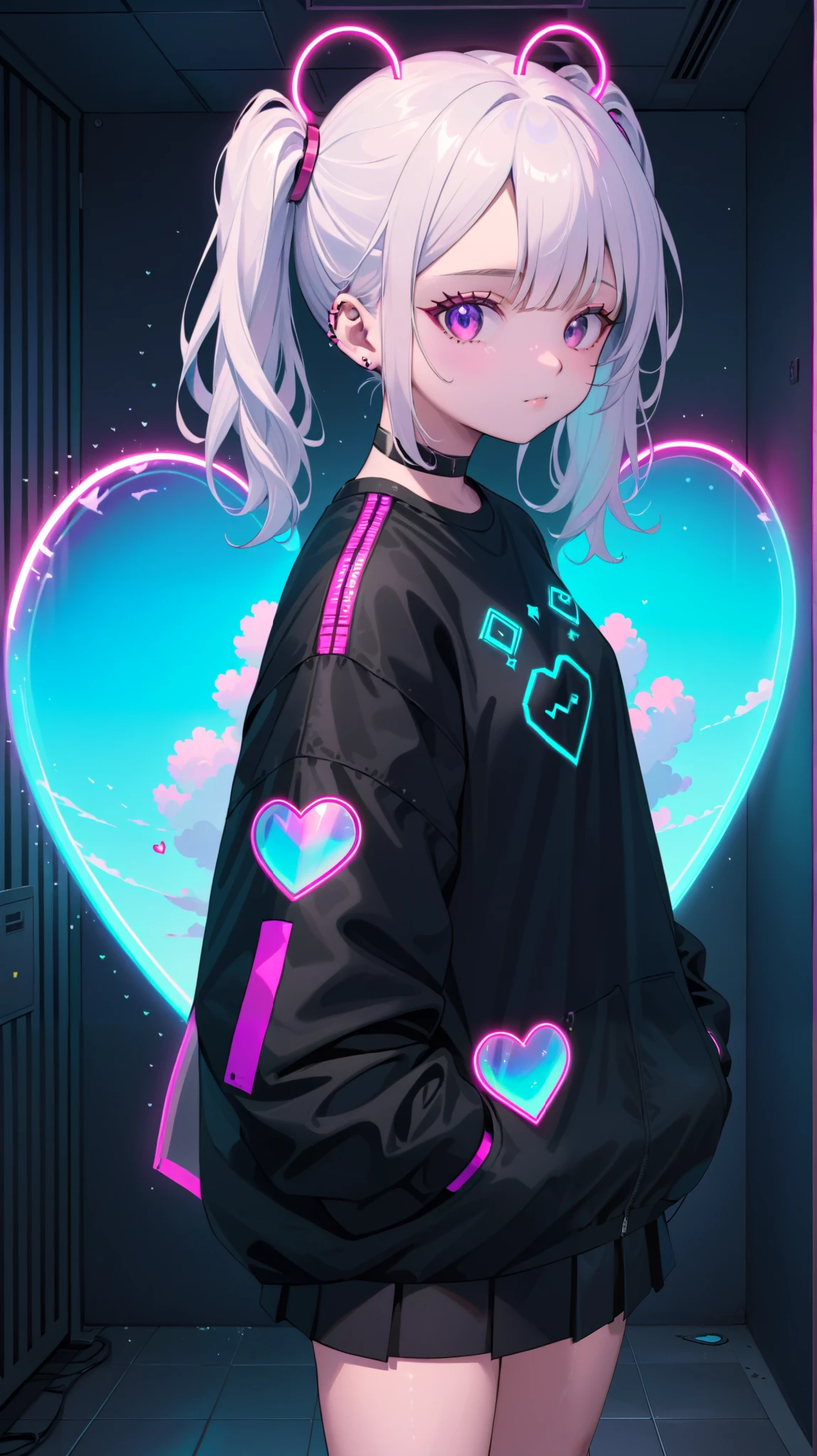 a Catalan girl is standing inside a heart shaped cloud, in the style of photorealistic, cyberpunk manga, portraits, 32k uhd, Holographic Multi-toned and Salt and Pepper,
