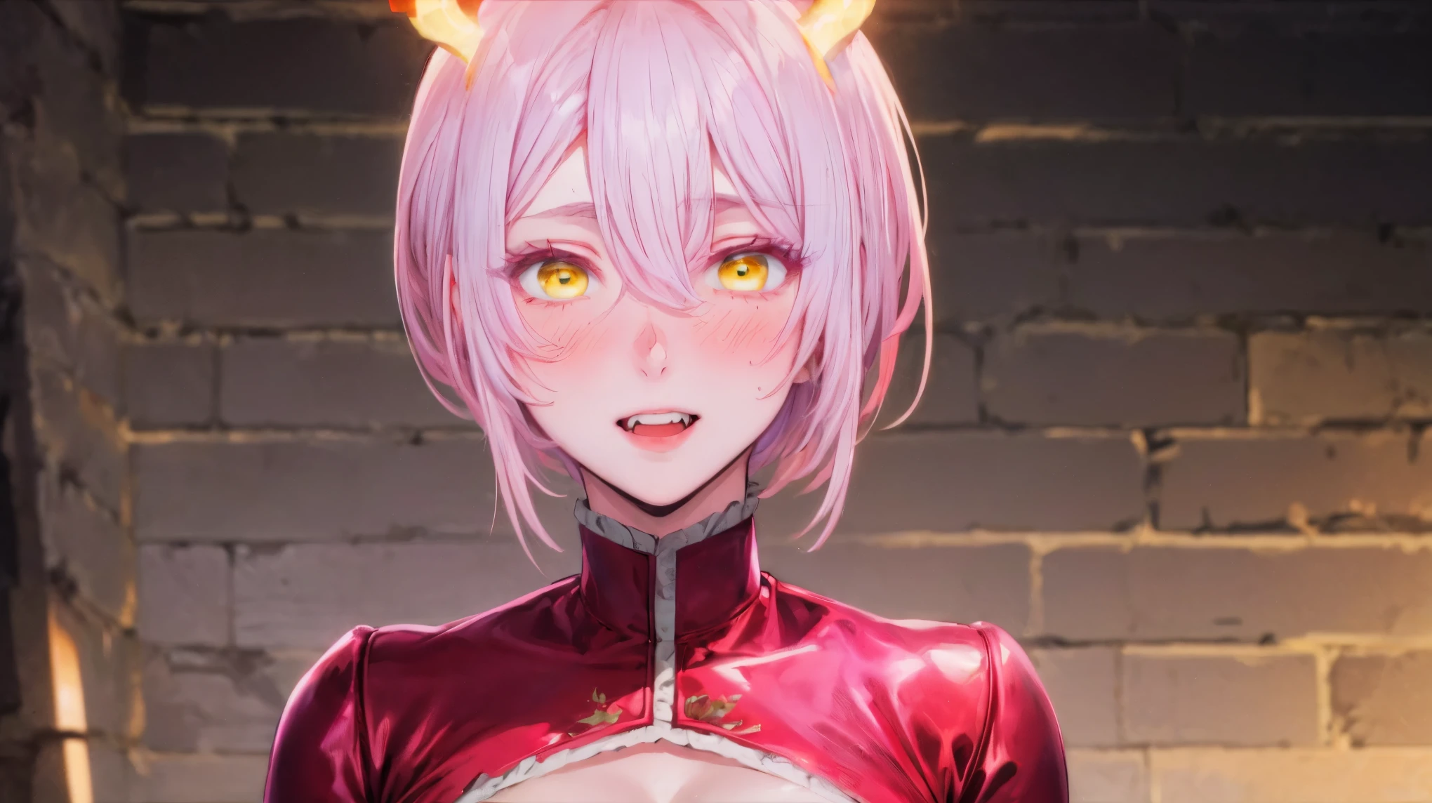 Portrait, Horror Movie, full-body, ((Ultra Detailed, Cinematic, hyper detailed, Hyperresolution, official arts, Wallpaper 40k, Mind-blowing art)), Skull Girl, wide skull, skintight, side_boob, hanging breasts, ((pink-blonde hair)), (short hair), voluminous hair, bangs, yellow eyes, makeup, lipstick, 20 years old, mature woman, Beautiful finger, 1girl, ((lamia)), snake-girl, black scales, snake body, Beautiful body, Beautiful nose, Beautiful character design, perfect eyes detail, perfect face, looking at viewer, Colorful, Bright_Front_face_Lighting, (masterpiece: 1.0), (best_quality: 1.0), (bright_color: 1.2) (Beautiful, medium_breasts: 1.4), (beautiful_face: 1.5), (narrow_waist), (solo: 1.4), ((upper body, half body:1,4)), class, shyly blushing, looking at viewer, praying hands, arms folded under chest, seductive, no protruding teeth, sharp teeth), terror, Flesh, (Fallen horns, Long horns), (((an alien))), woman's, destruction, Discarded skin, Cracked skin, (Red dress), seductive body, (mouth slightly open, slightly protruding fangs),