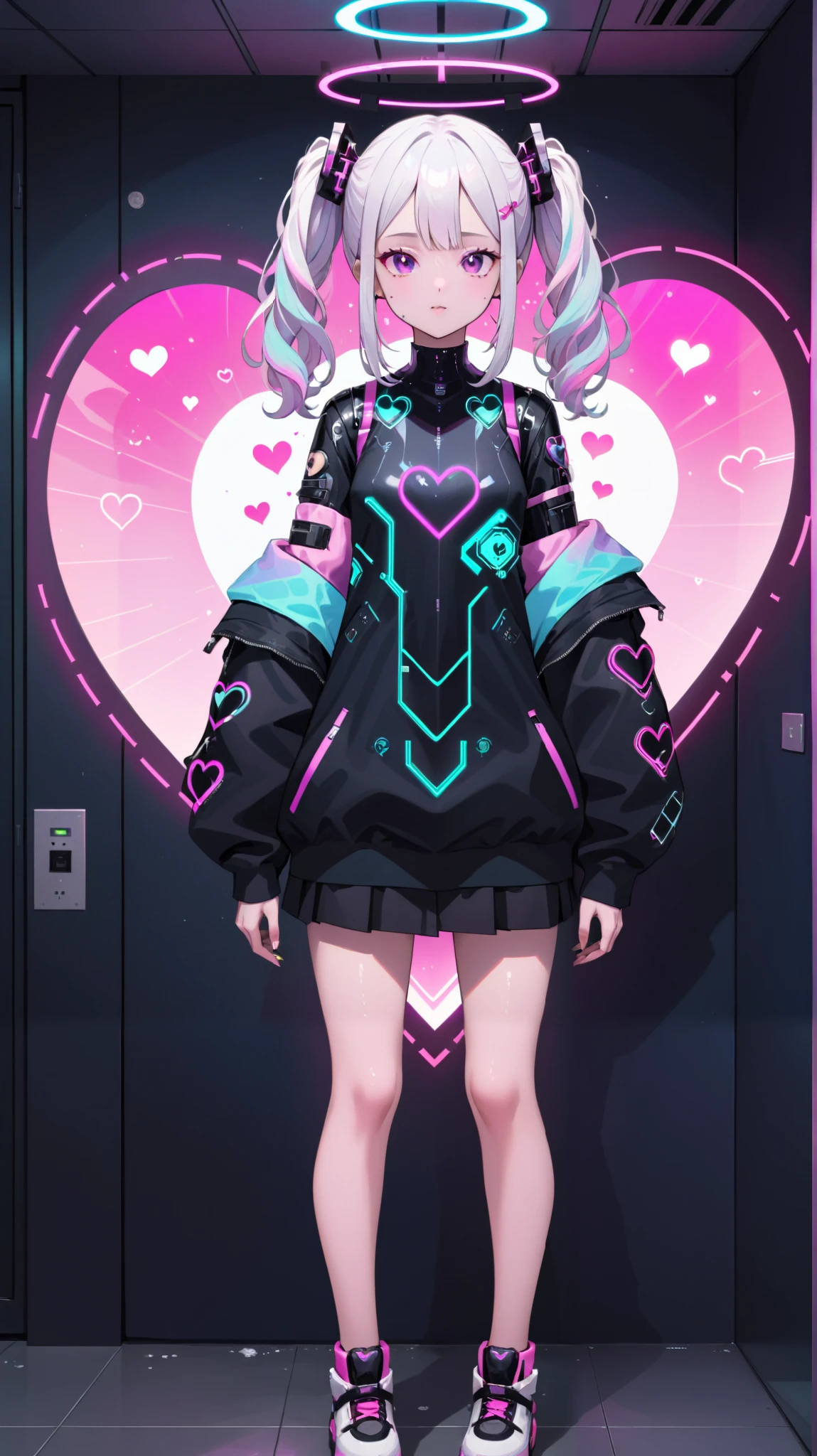 a Catalan girl is standing inside a heart shaped cloud, in the style of photorealistic, cyberpunk manga, portraits, 32k uhd, Holographic Multi-toned and Salt and Pepper,
