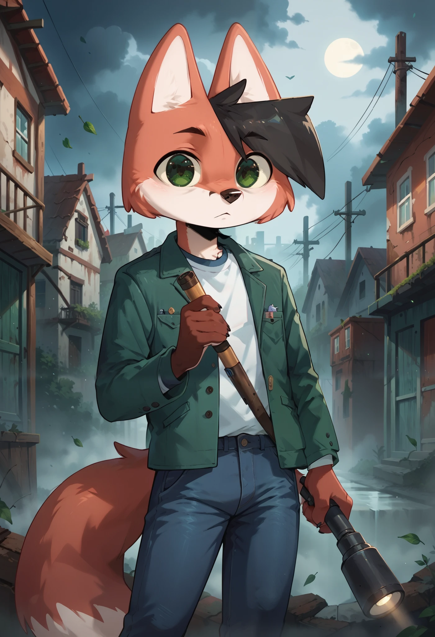 score_8_up, score_7_up, score_6_up, score_5_up, score_4_up, 1boy, solo, lisris, anthro fox, black hair, furry male, green eyes, red body, anthro fox, furry male, green eyes, 30yo, show accurate anime, 4k, ultra detailed, focus eyes, source_anime, anthro fox, thick fog, abandoned city, serios face, standing, fog, in the fog, grey sky, green jacket, blue jeans, hold flashlight, house, fog, outdoors, half-turned view