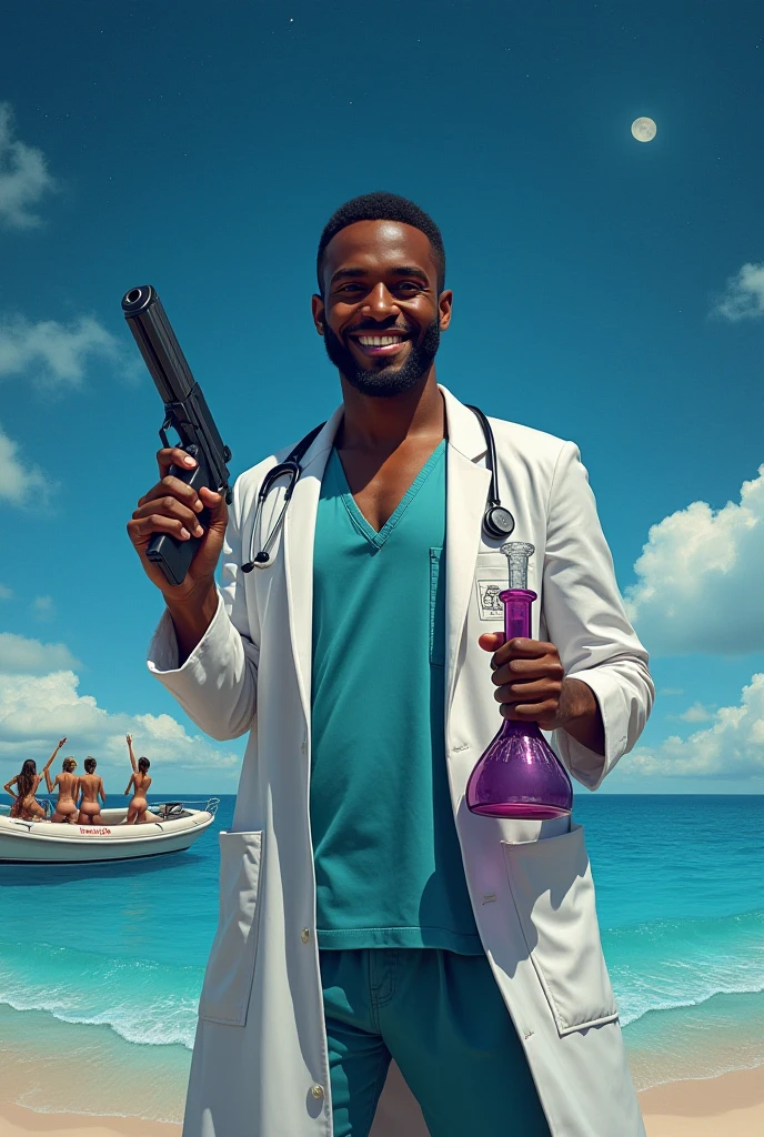 Male doctor in white coat accompanied by girls in bikinis