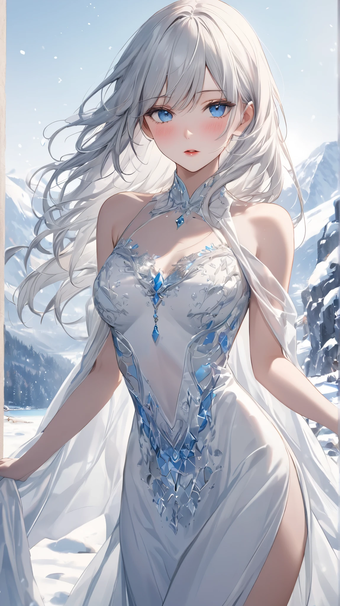 wood, Exquisite mini ice spikes and crystals, Frozen waterfall in the background, Light reflected by ice crystals, Flowing snowflakes.Beautiful woman、Gray Hair、pretty girl,2.5D illustration,Beautiful cleavage、Graceful dancing woman、Beautiful woman looking back、Sideboob