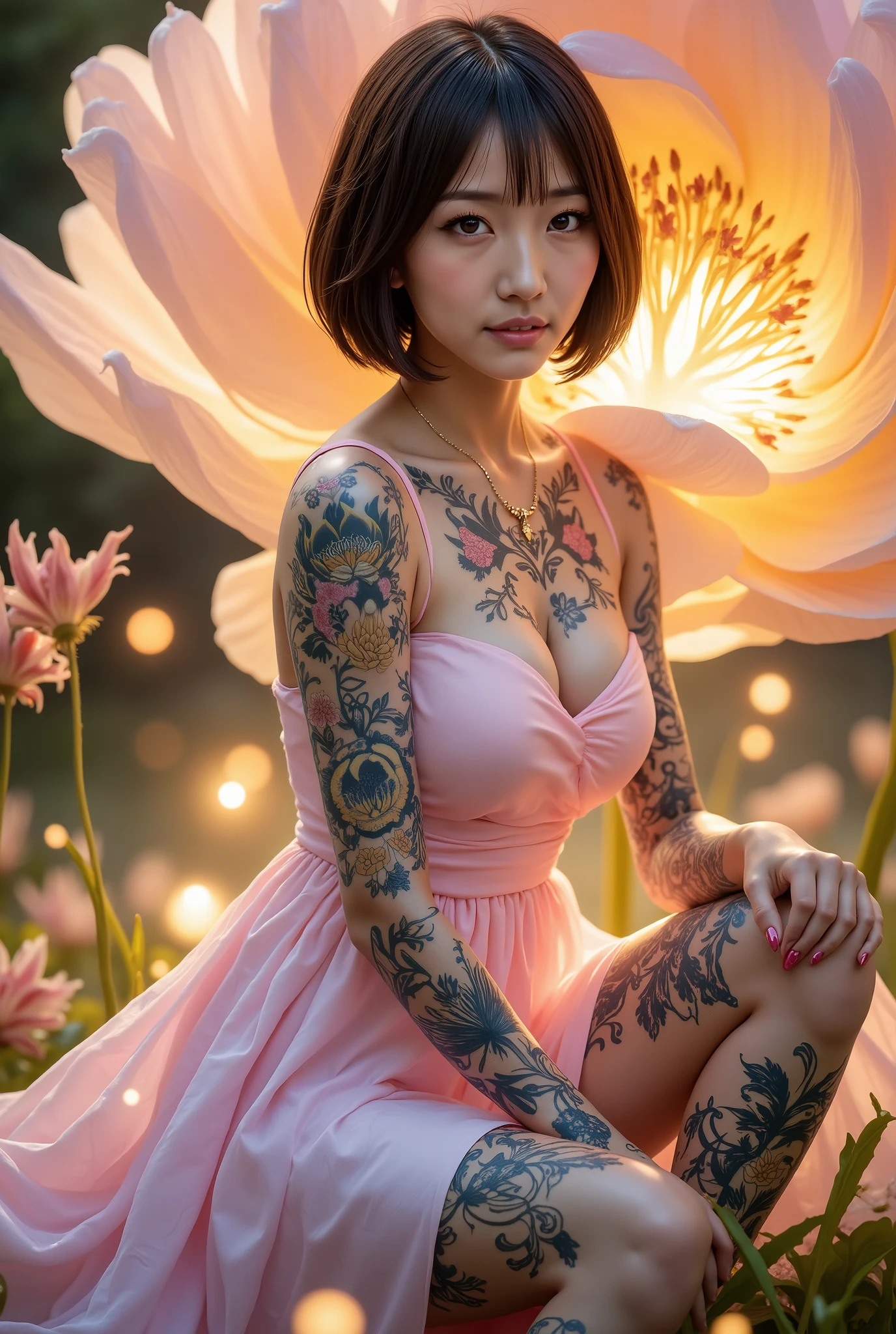 "A breathtaking scene of an enormous, surreal flower blooming in a magical meadow under a soft, golden twilight. At the center of this gigantic flower sits a stunning Japanese woman, her short black hair framing her delicate face. Her entire body is covered in intricate and vibrant tattoos, featuring floral, geometric, and mythical patterns that glow faintly, seamlessly blending with the vivid designs of the flower’s petals. These tattoos span her arms, shoulders, back, legs, and even her neck, making her appear as though she is a living extension of the flower itself.
She wears a mesmerizing dress crafted entirely from delicate petals of the flower she sits on, the petals forming an elegant and flowing gown that highlights her connection to the surreal bloom. The dress’s texture and colors—ranging from soft pinks and lavenders to golden hues—enhance her tattoos rather than conceal them, creating a striking harmony between her body art and her attire.
She sits gracefully in the flower’s center, her legs folded to the side, one hand gently touching the edge of a petal as if she is communing with the living flower. Her serene and captivating expression exudes an aura of otherworldly beauty and peace. The background features a dreamy meadow with fantastical plants, glowing orbs floating in the air, and a faint mist that enhances the mystical atmosphere. The flower’s central glow bathes the scene in a warm, inviting light, illuminating the intricate details of her tattoos and her flower-crafted gown."Detailed RAW Photo of a Girl, Masterpiece, Best Quality, Ultra High Resolution, Photoreal, 8K resolution, Very detailed depiction, maximum color
