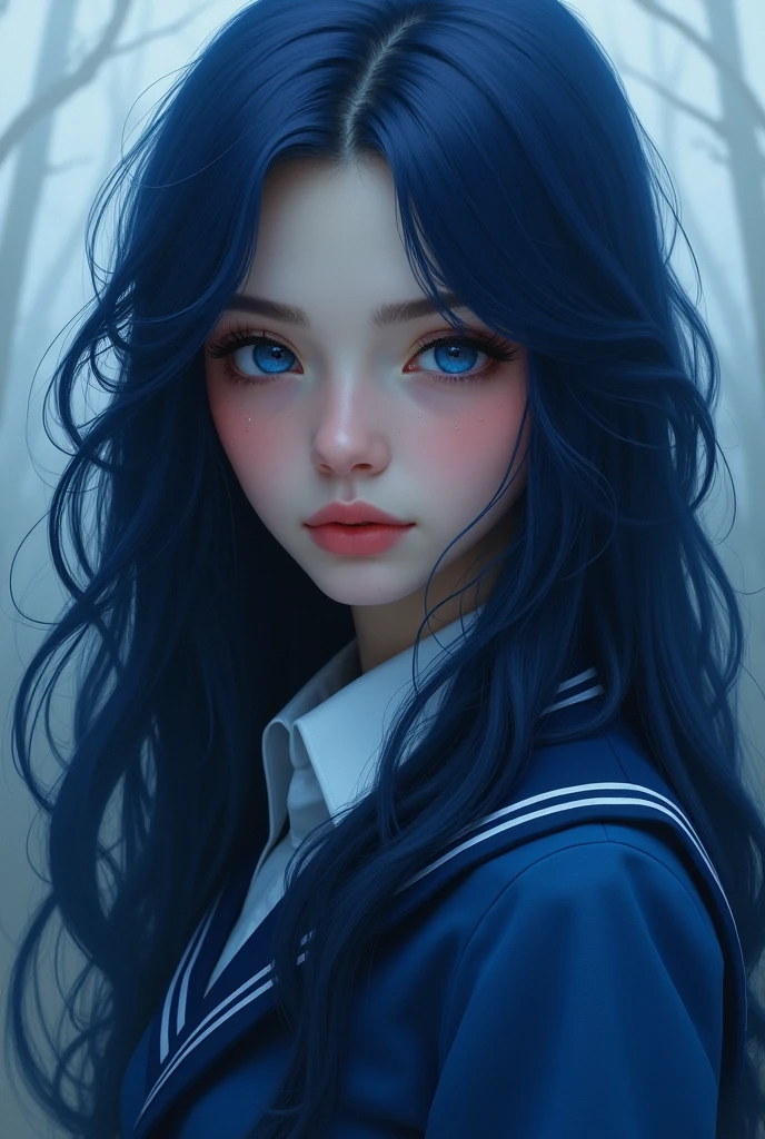 photography awards, masterpiece, blue hair, blue eyes, photorealistic, high resolution, soft light,1women, solo, shirt, school uniform, hips up
