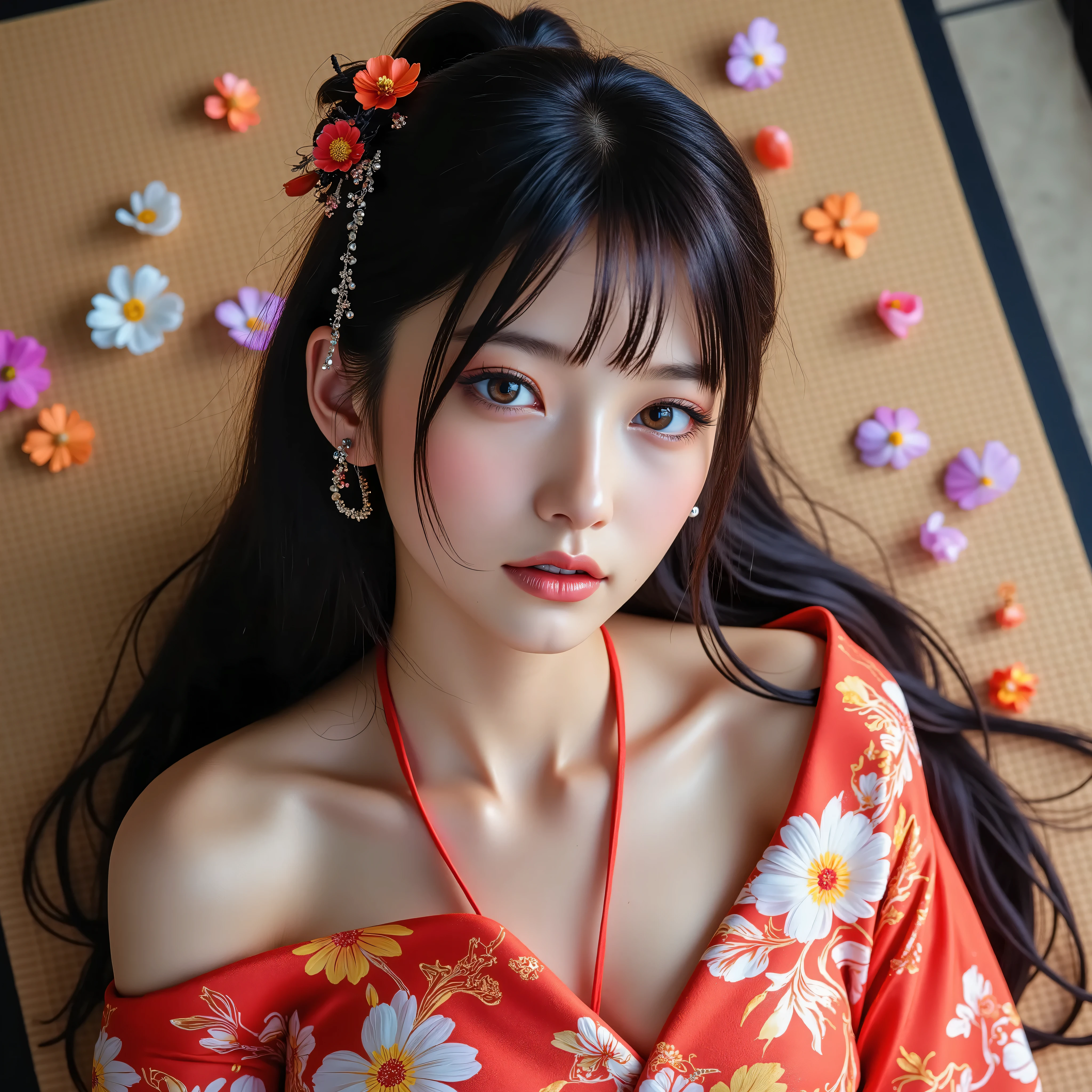 (Canon), (EOS R5), (50mm), (( photo realistic :1.5)), (No lens flare :1.5), (超 high resolution), (masterpiece), accurate, ( realistic な質感の肌), more details, high detail, High Quality , Award-winning work , 最 High Quality , 32K, is written in depth, digital camera, Award-winning glamour photo , professional writing, ((最 High Quality :1.5)), ((masterpiece:1.5)), (( realistic )), high resolution, (とても美しくて可愛い1 personの日本人女性), ((Aerial view from above :1.5)), (( upper body shot from head to knee :1.5)), ( full body shot:1.4), ((A half-naked Japanese woman wearing a Japanese kimono)), ((Lying on your back on a beautiful tatami mat in a Japanese-style room :1.5)), ((Lying on your back :1.5)), ((( wearing only Japanese kimonos , no underwear, semi-nude:1.5))), ((( The cleavage between your shoulders and bust looks big :1.8))), (1 person), ((Beautiful and cute, 18 year old Japanese)), (( very cute high school girl with a good shape )), ( beautiful black hair ponytail), Very beautiful and sexy, Fascinating Beauty , seductive pose , Height: 160cm, slim figure, Beautifully shaped bust , D Cup, (A very cute, cheerful smile:1.5), (alone:1.5), ( brown eyes:1.9), ( Detailed depiction of extremely realistic skin ), (Highly detailed, realistic eyes:1.9), (Very beautiful, Long, realistic eyelashes), (Highly detailed, realistic eyebrows), (丸い brown eyes :1.8), ( beautiful catchlight on the eyes), (Realistic lips with moisture ), ( white realistic teeth arranged neatly), ( Beautiful and Detailed Face :1.6), (Hourglass body shape:1.6), (Wasp waist :1.5), ( Perfectly round and beautifully shaped bust :1.8), ( clearly contoured cheekbones :1.5), ( perfect style body :1.8), (Healthy body :1.8), (Narrow shoulders:1.9), ( staring at viewers ), ( seductive gaze ), (Beautiful, natural-looking hands), (Beautiful pink nails of perfect length), ( very cute smile:1.1), (Waist, I can see my stomach:1.4), Intricate and detailed, colorful depiction , (( A red Japanese kimono with a beautiful and cute floral pattern designed like an orchid:1.5)), (( The kimono is large and the shoulders and chest are quite exposed :1.3)), (( off shoulder:1.5)), (Beautiful Japanese kimonos), (Kimono with a flower pattern on red fabric, woman 1 person, Open back, full body photo, Flower Hairpin, (Ikebana can be seen behind it ), extremely sexy sensual body , , like々 Sensual elegance, Sexy Body , Sexy appearance, Lying on the tatami mat in a Japanese-style room, The groin and thighs are exposed , shot taken from directly above, ( Beautiful pink, yellow, and white petals are scattered on the tatami mat), Japanese style hairpin, Japanese Style Hair Ornament, A gentle-looking face, thin waist , ( Beautiful cleavage of the bust can be seen quite a bit ), blur background, Illuminate the face, dynamic pose, thighs, Beautiful Legs , beautiful body line, white skin, Art Photography, beautiful soft lighting ,